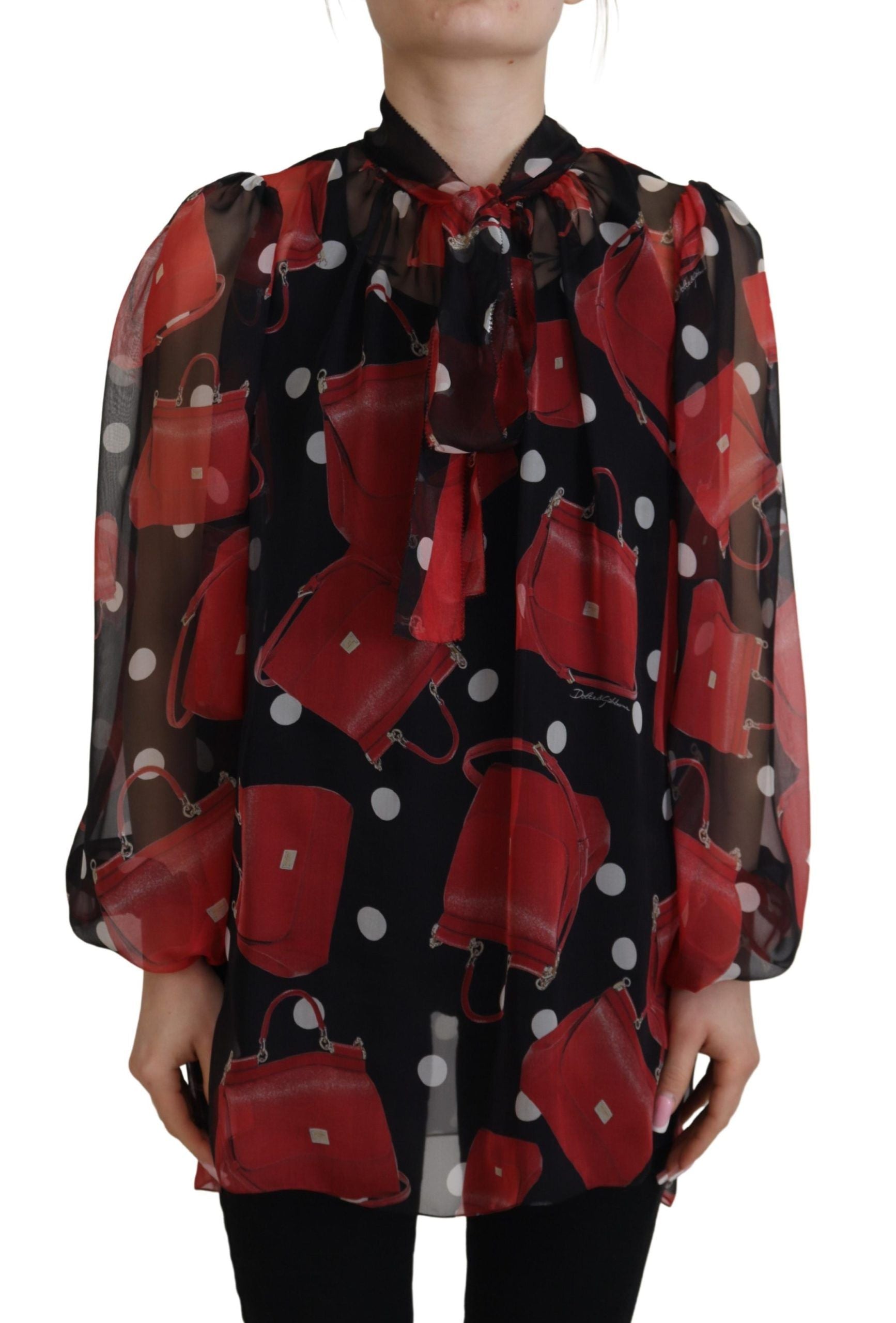 Dolce & Gabbana Black Red Sicily Bag Silk Shirt Top Women's Blouse