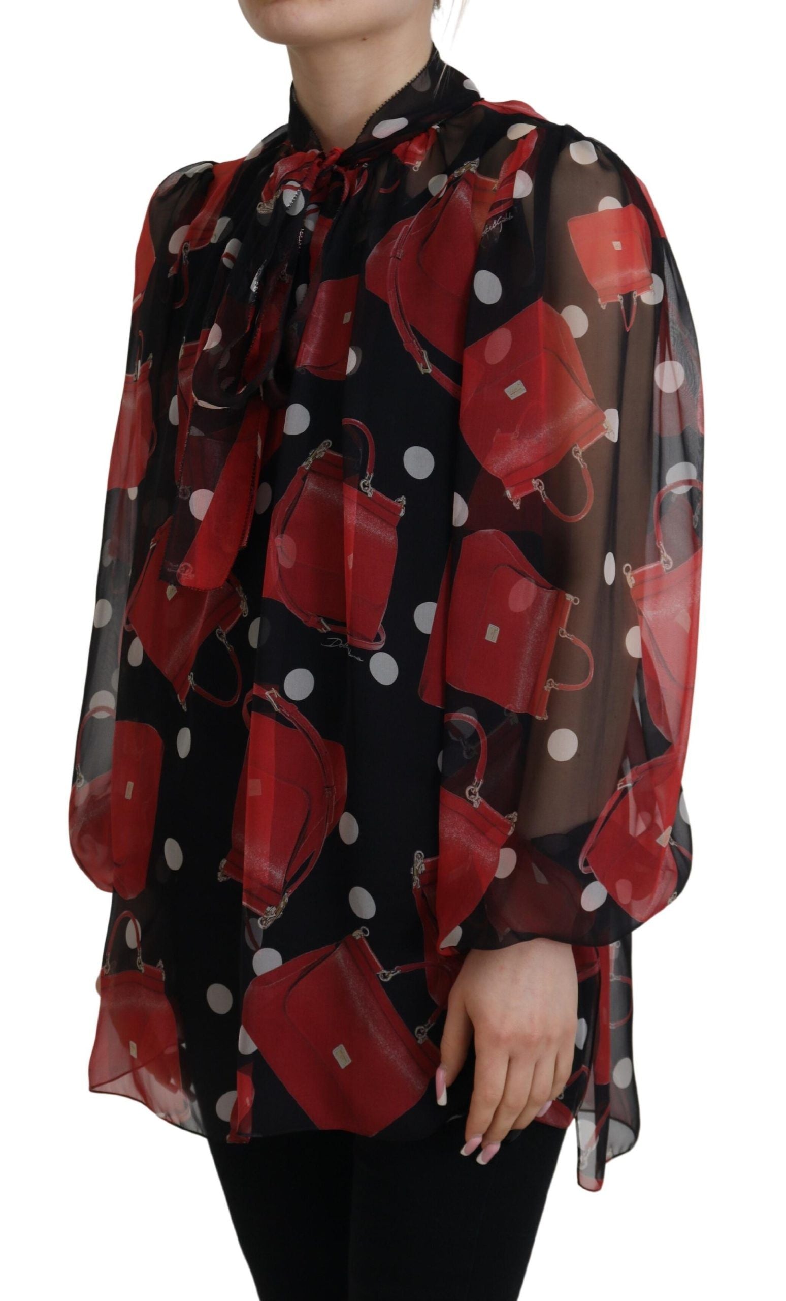 Dolce & Gabbana Black Red Sicily Bag Silk Shirt Top Women's Blouse