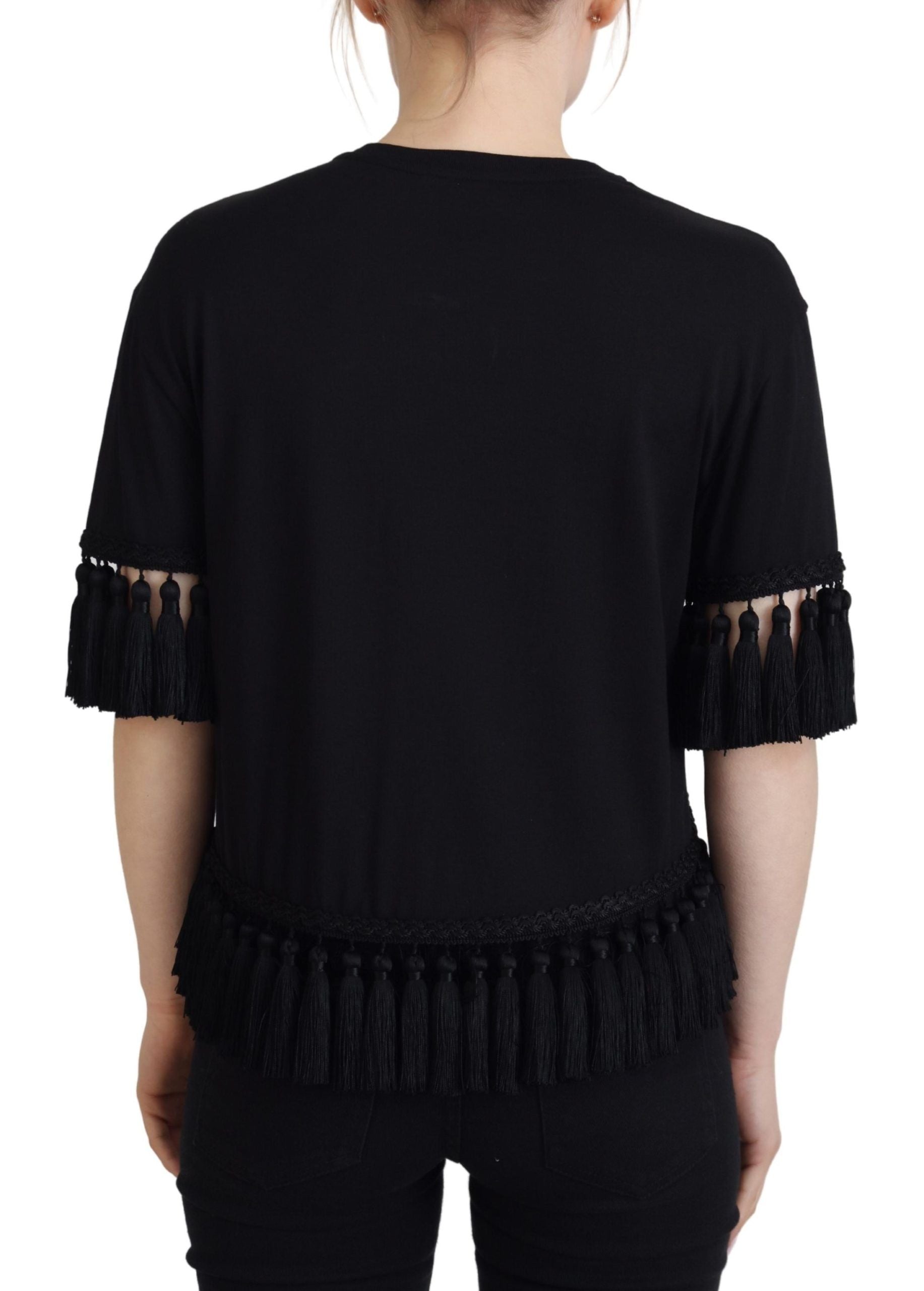 Dolce & Gabbana Black T-shirt Women's Tassle Cotton Women's Blouse