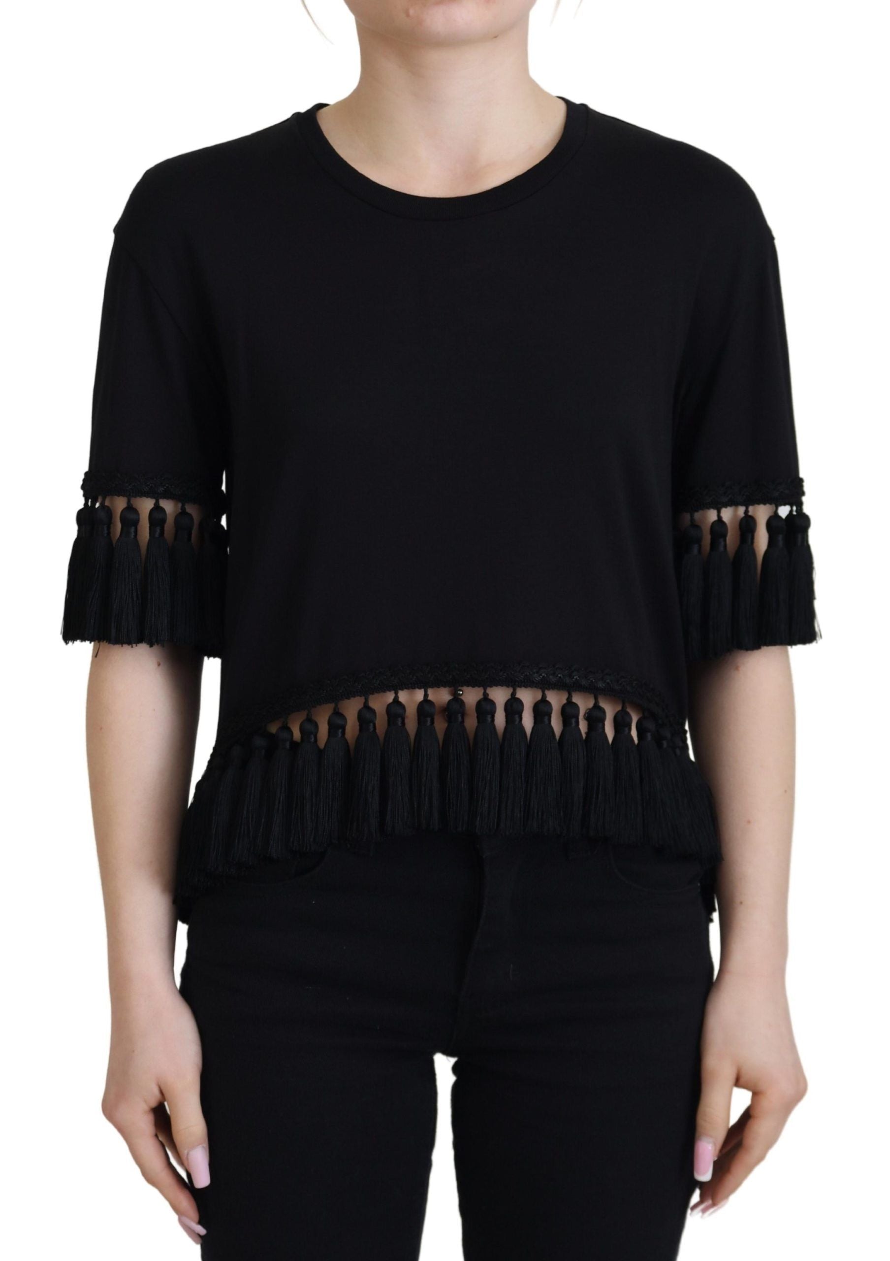 Dolce & Gabbana Black T-shirt Women's Tassle Cotton Women's Blouse