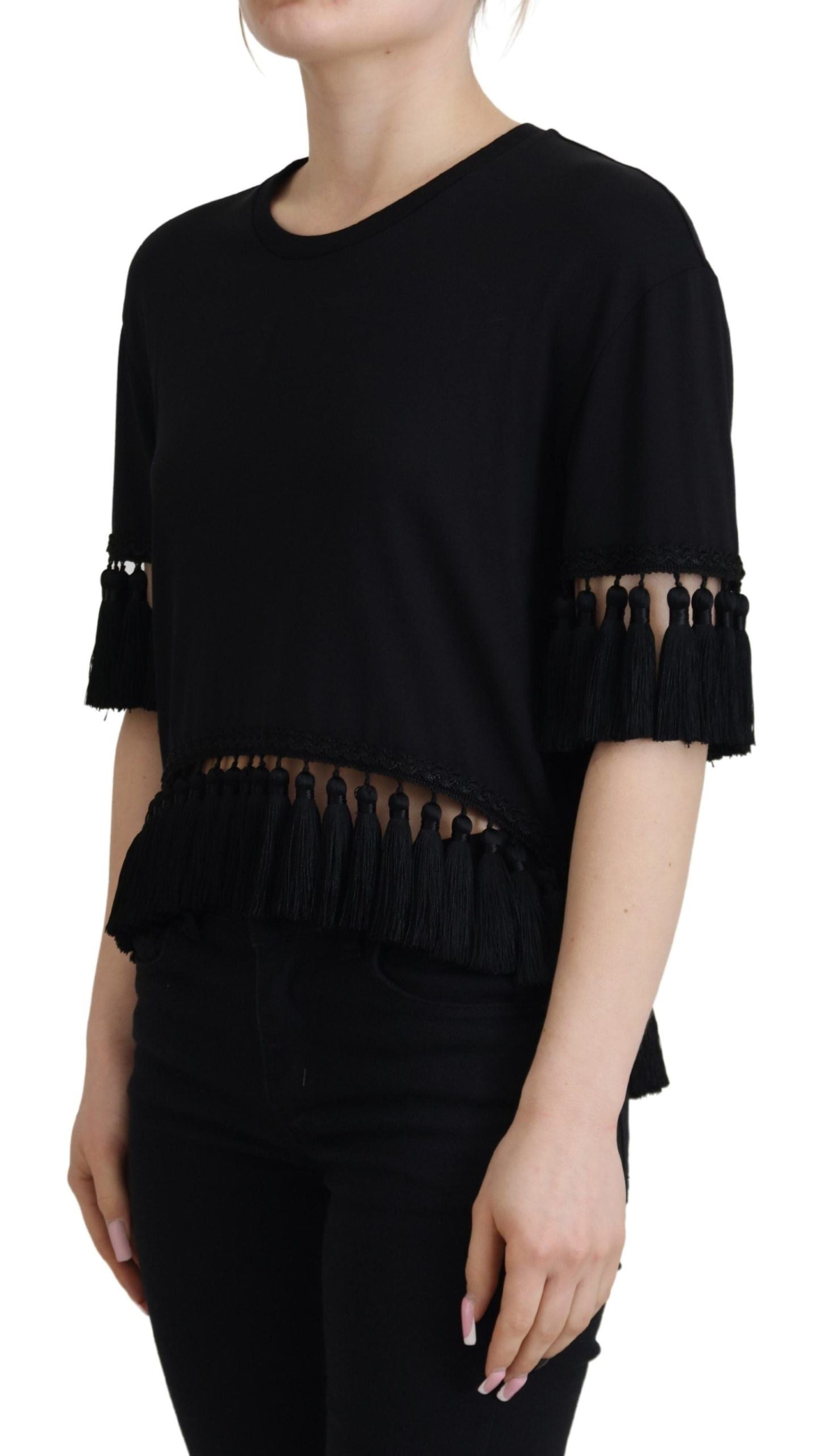 Dolce & Gabbana Black T-shirt Women's Tassle Cotton Women's Blouse