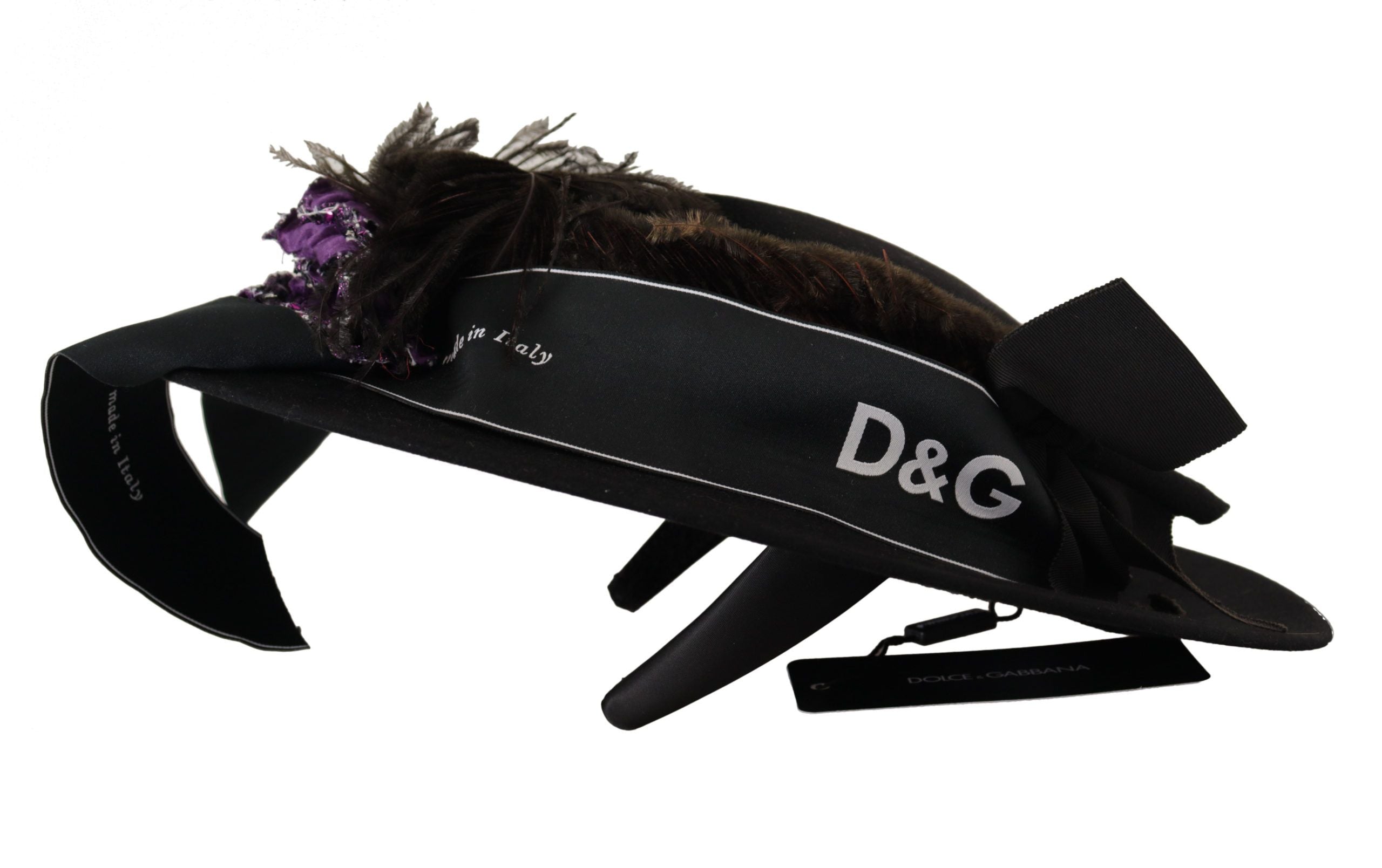 Dolce & Gabbana Black Lapil Crystal Heart Feather Brooch Fedora Women's Hat