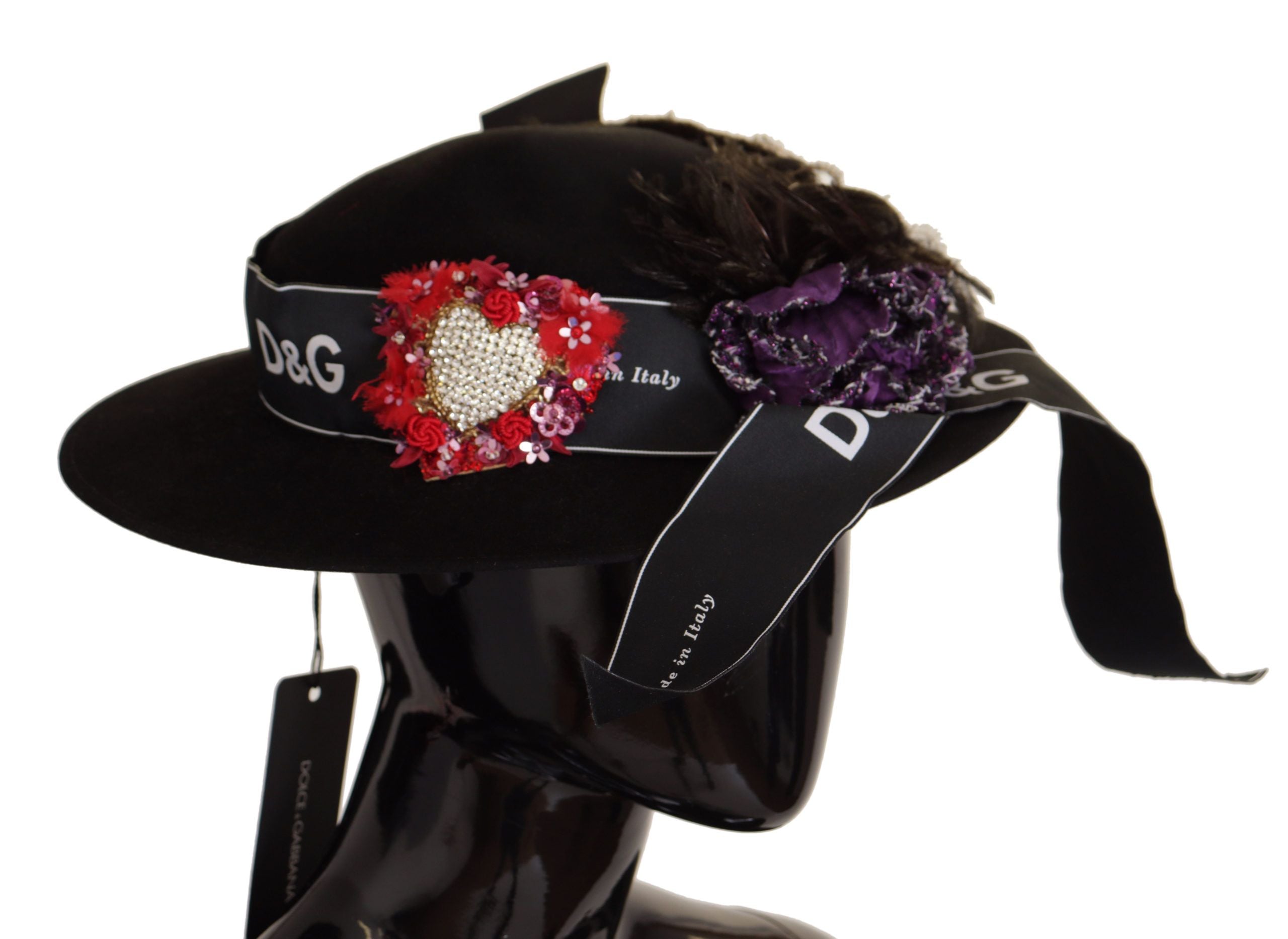 Dolce & Gabbana Black Lapil Crystal Heart Feather Brooch Fedora Women's Hat