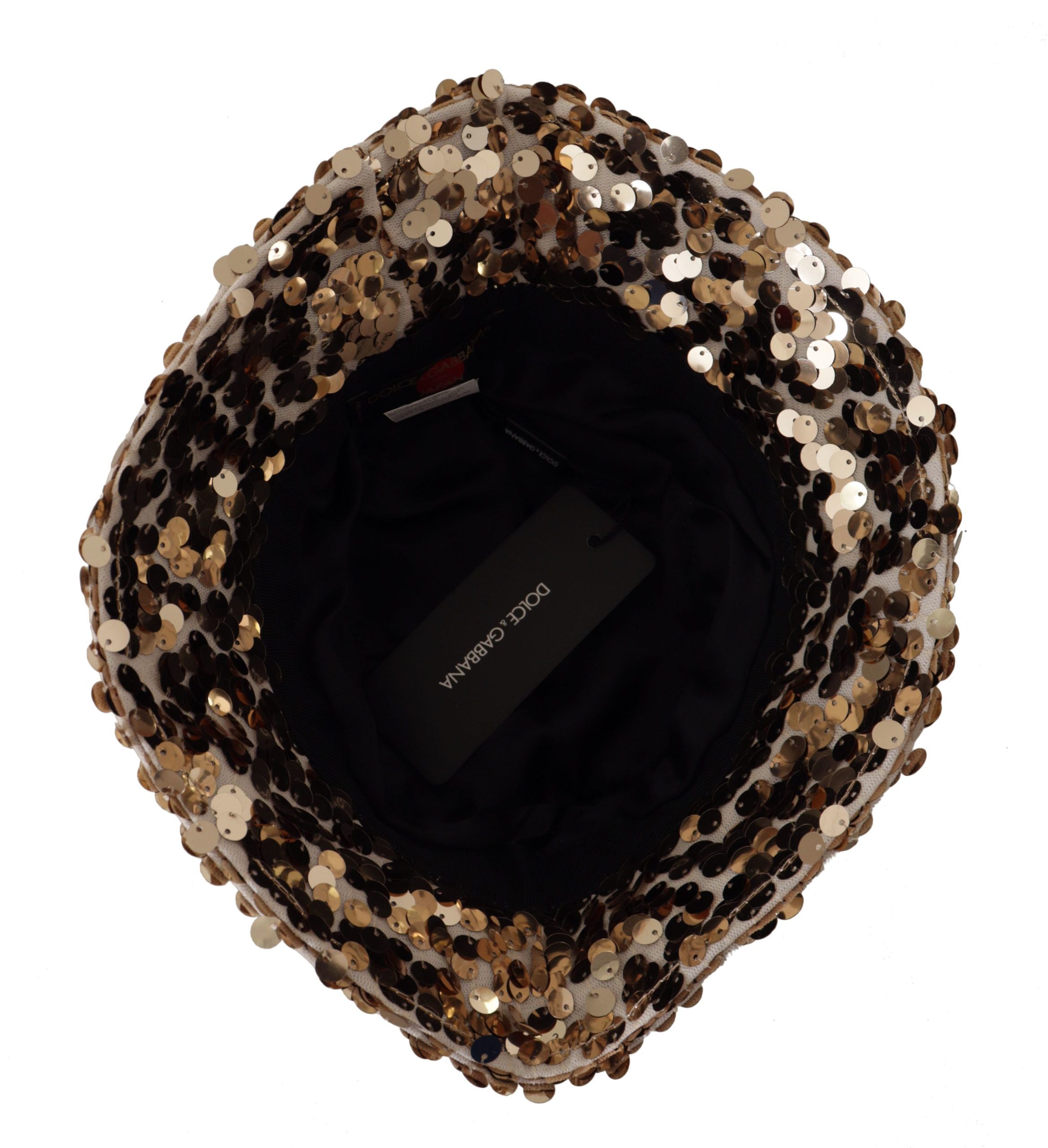Dolce & Gabbana Gold Silk Sequin Embellished Designer Brim Bucket Women's Hat