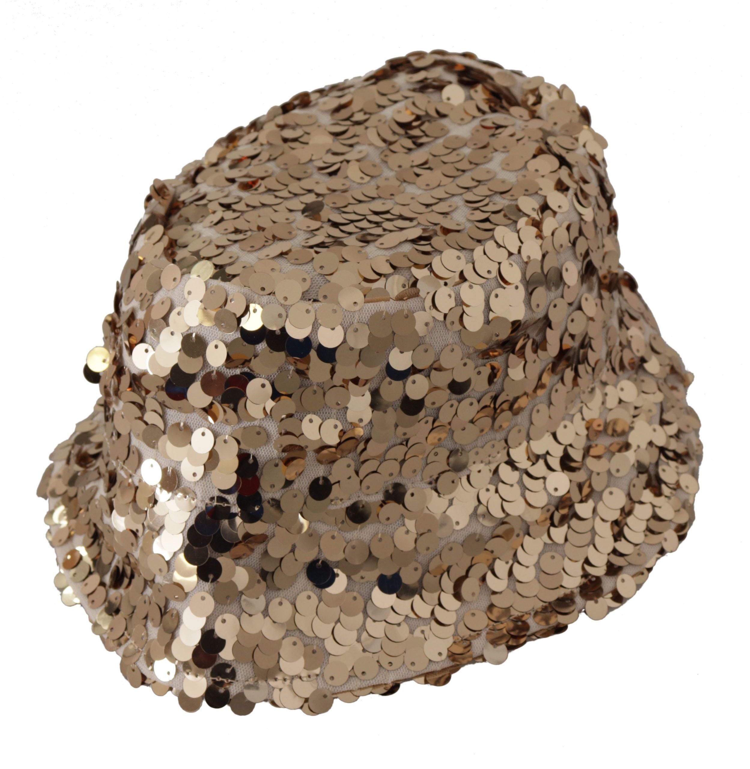 Dolce & Gabbana Gold Silk Sequin Embellished Designer Brim Bucket Women's Hat