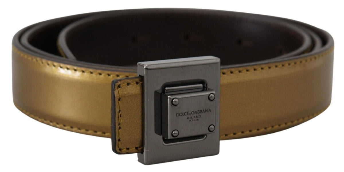 Dolce & Gabbana Gold Leather Silver Square Metal Buckle Men's Belt