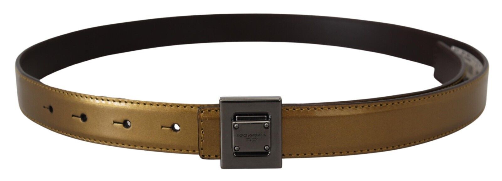 Dolce & Gabbana Gold Leather Silver Square Metal Buckle Men's Belt