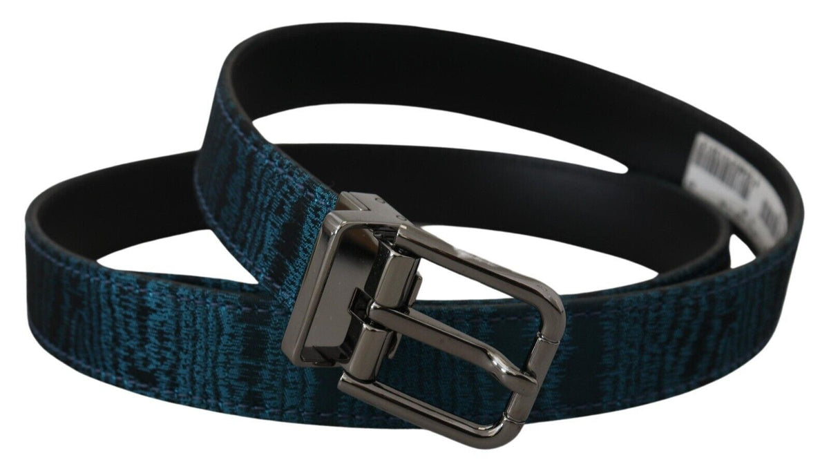 Dolce & Gabbana Blue Jacquard Moire Silver Metal Belt Men's Men