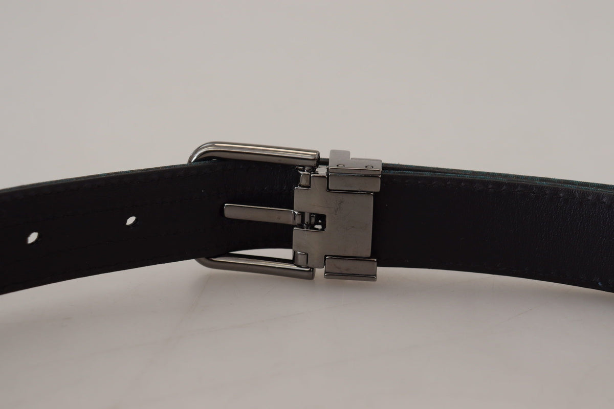 Dolce & Gabbana Blue Jacquard Moire Silver Metal Belt Men's Men