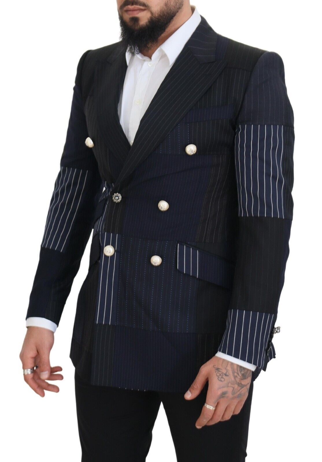 Dolce & Gabbana Blue Wool Patchwork Double Breasted Men's Blazer