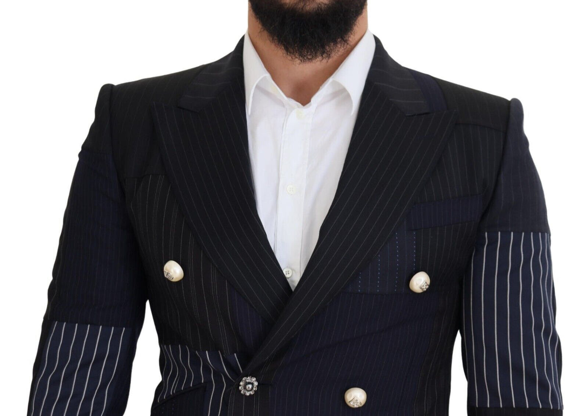 Dolce & Gabbana Blue Wool Patchwork Double Breasted Men's Blazer
