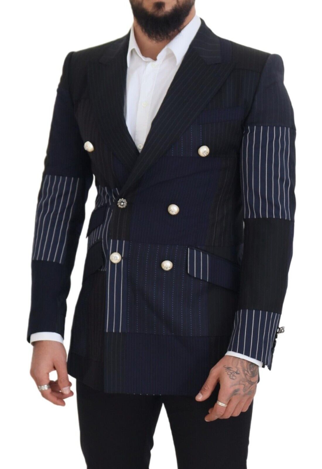 Dolce & Gabbana Blue Wool Patchwork Double Breasted Men's Blazer