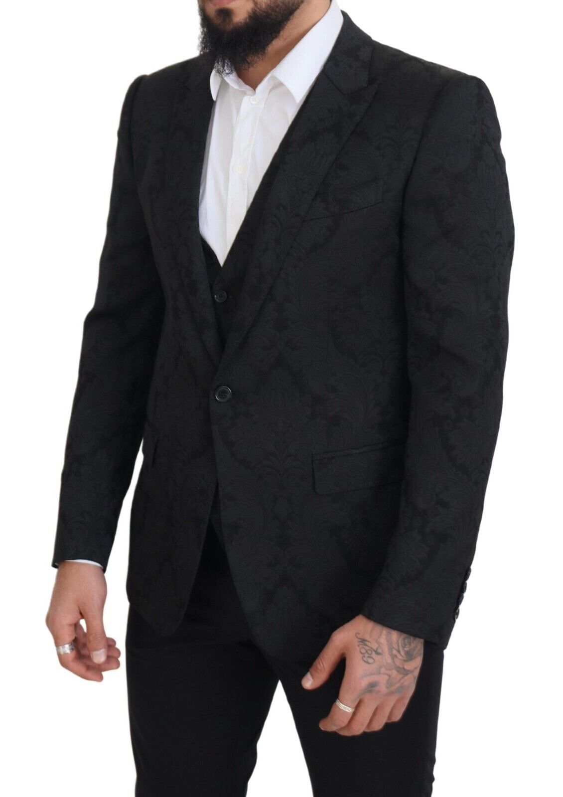 Dolce & Gabbana Black Floral Brocade 2 Piece MARTINI Men's Suit