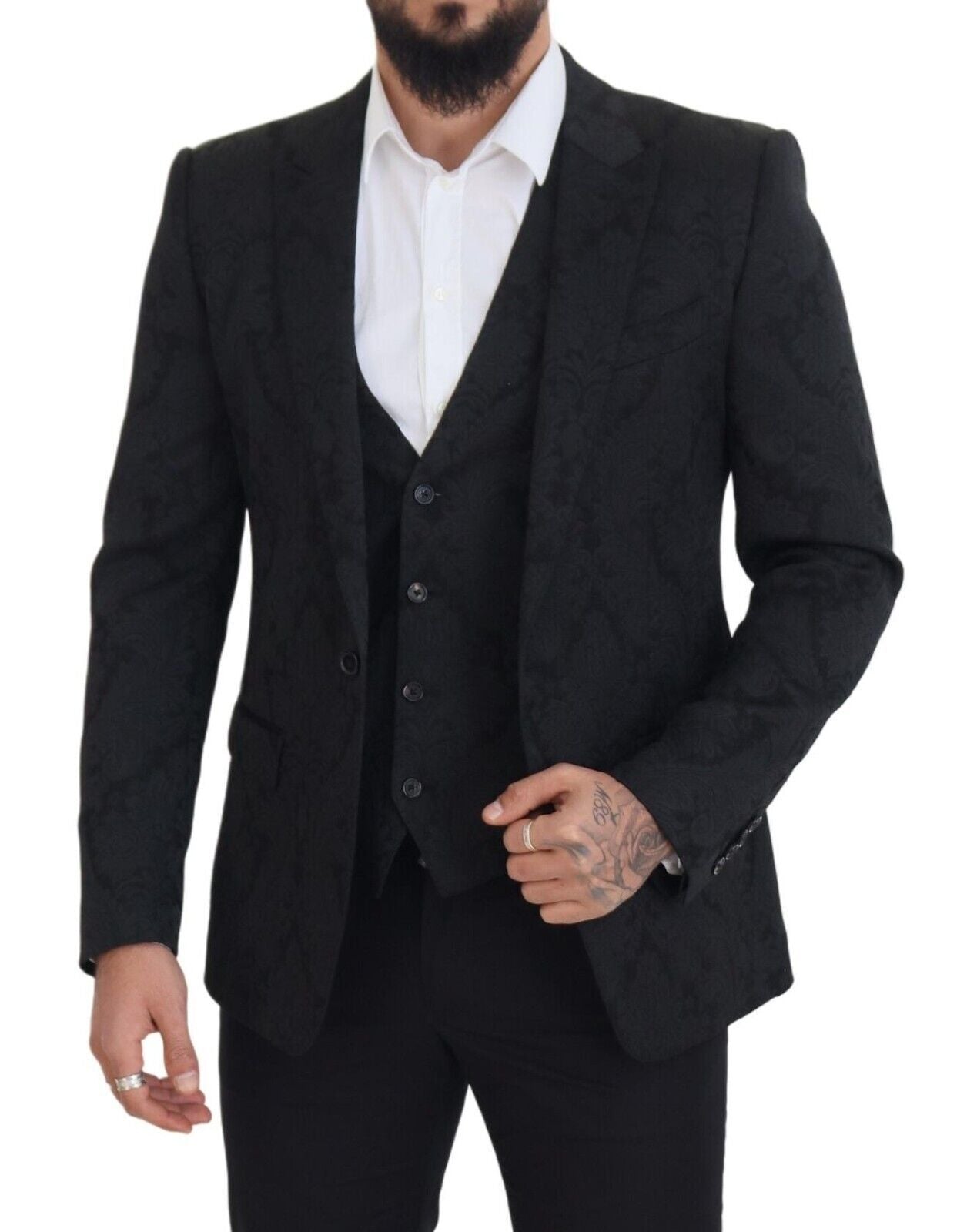 Dolce & Gabbana Black Floral Brocade 2 Piece MARTINI Men's Suit