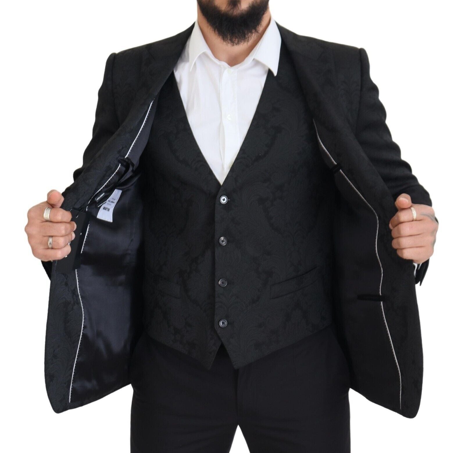 Dolce & Gabbana Black Floral Brocade 2 Piece MARTINI Men's Suit