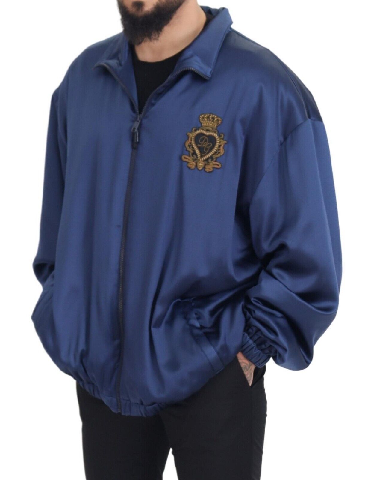 Dolce & Gabbana Regal Blue Silk Bomber Men's Jacket
