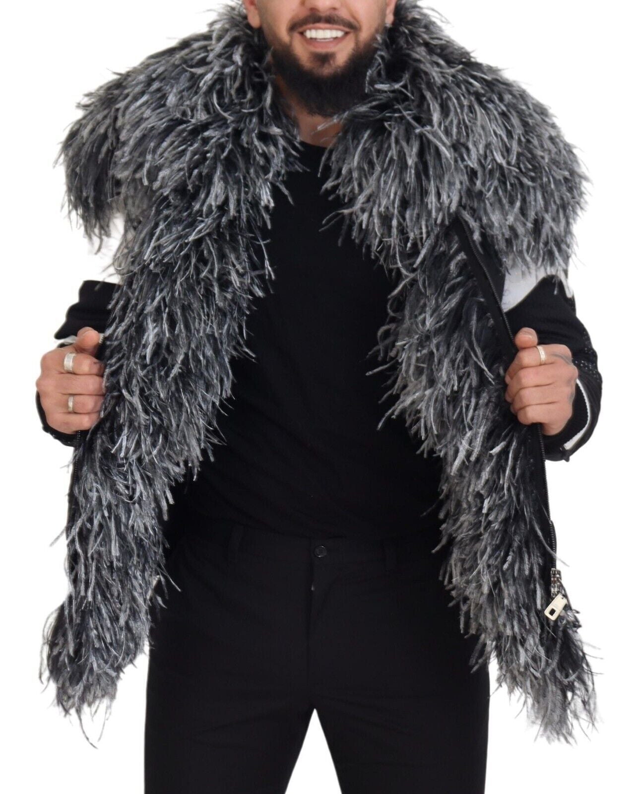 Dolce & Gabbana Black White Fur Shearling Full Zip Men's Jacket