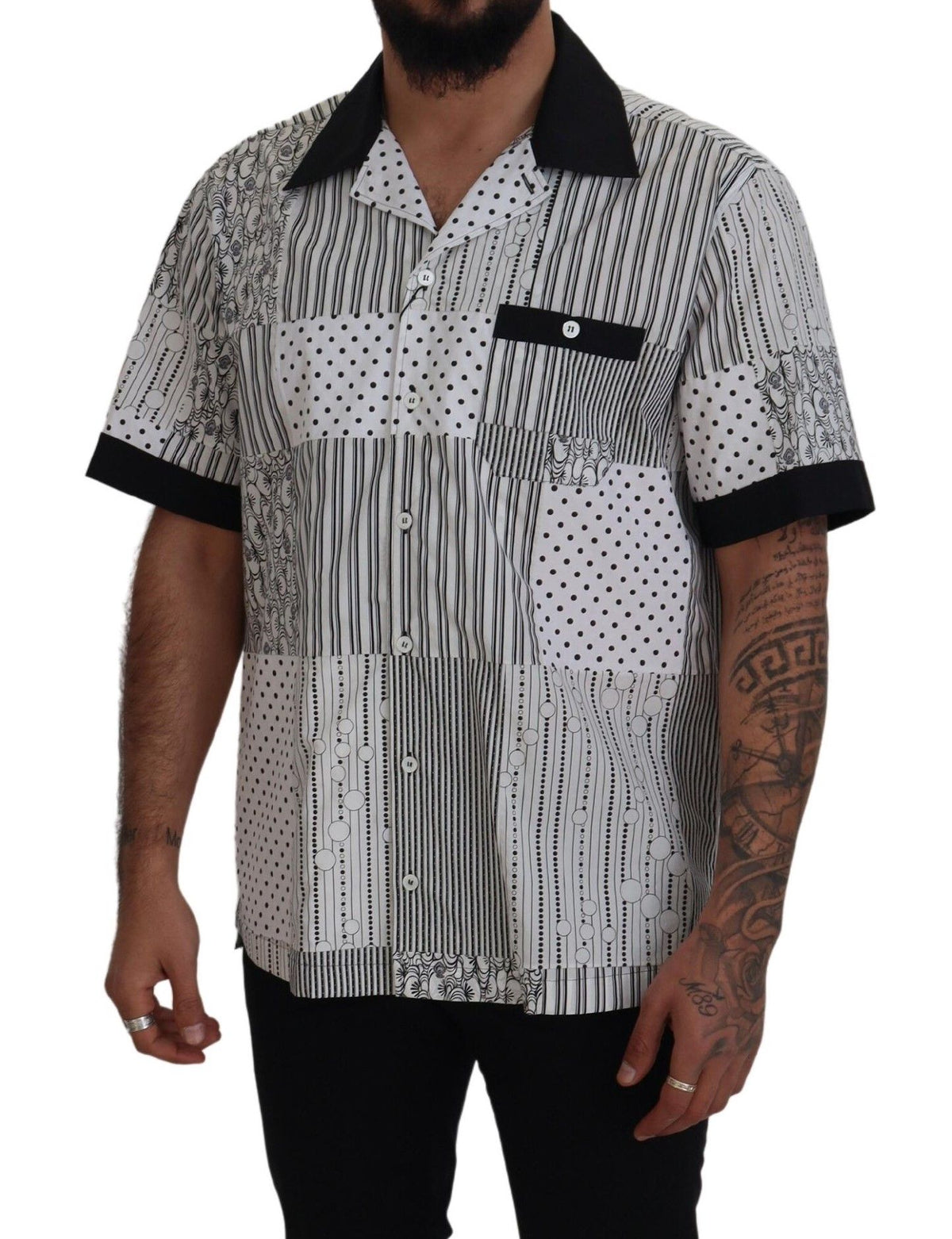 Dolce & Gabbana White Black Patterned Button Down Men's Shirt