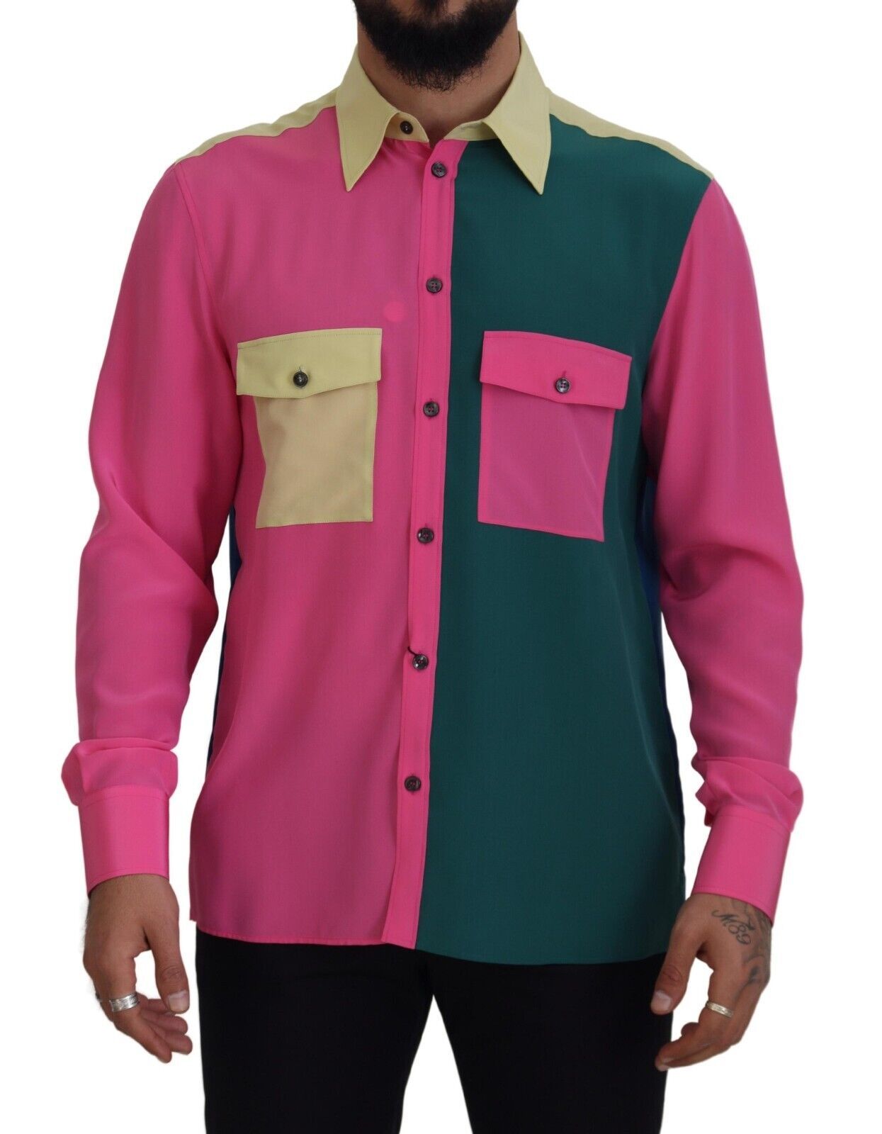Dolce & Gabbana Multicolor Patchwork Silk Button Down Men's Shirt
