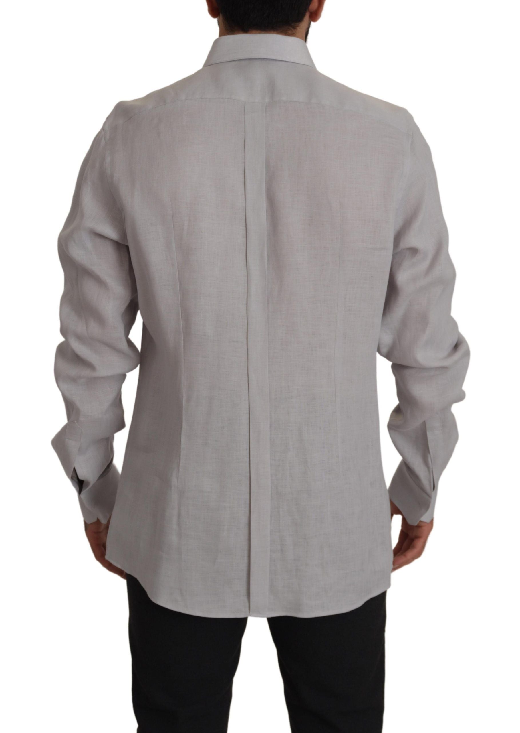Dolce & Gabbana Gray Linen Long Sleeves Formal GOLD Men's Shirt