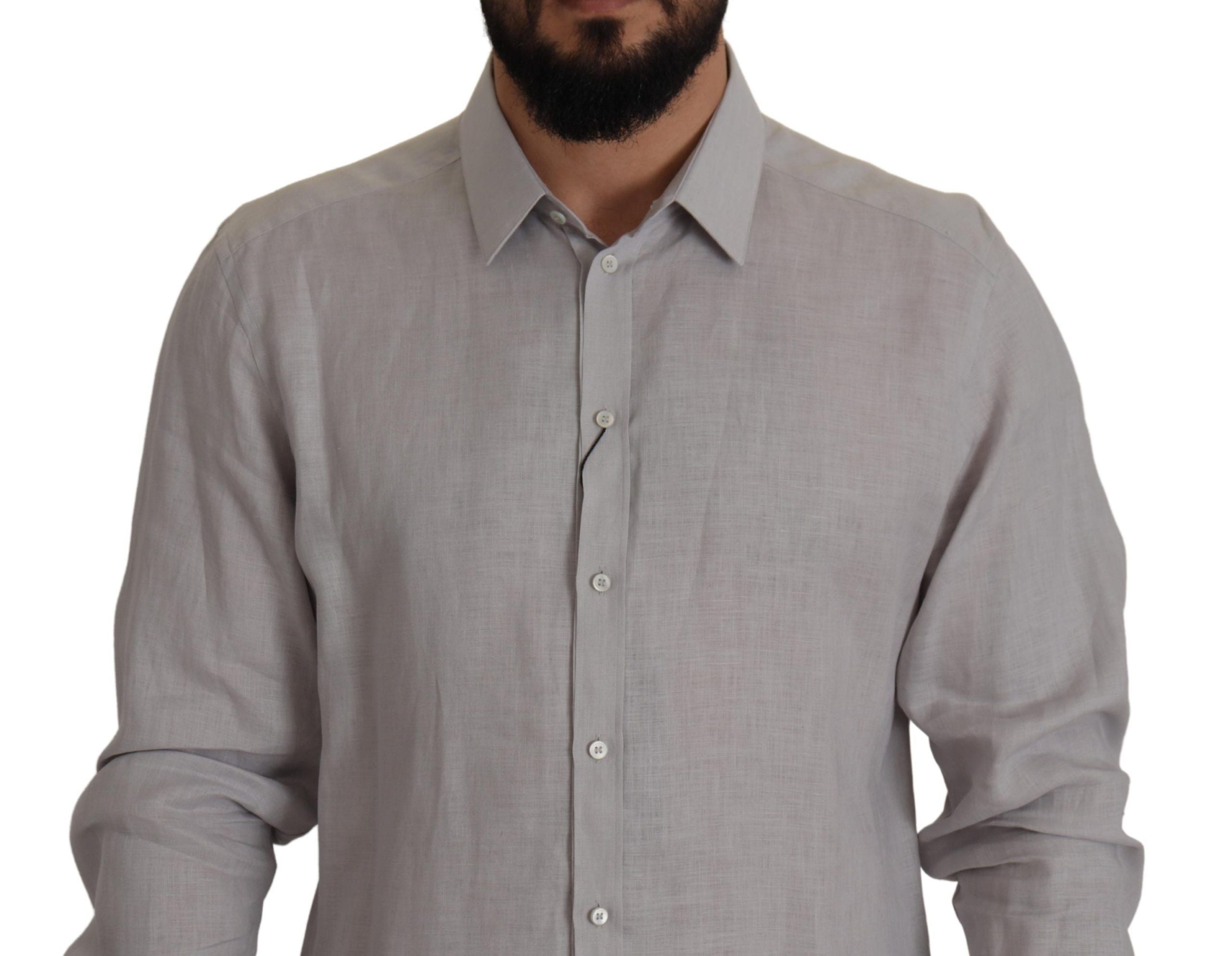 Dolce & Gabbana Gray Linen Long Sleeves Formal GOLD Men's Shirt