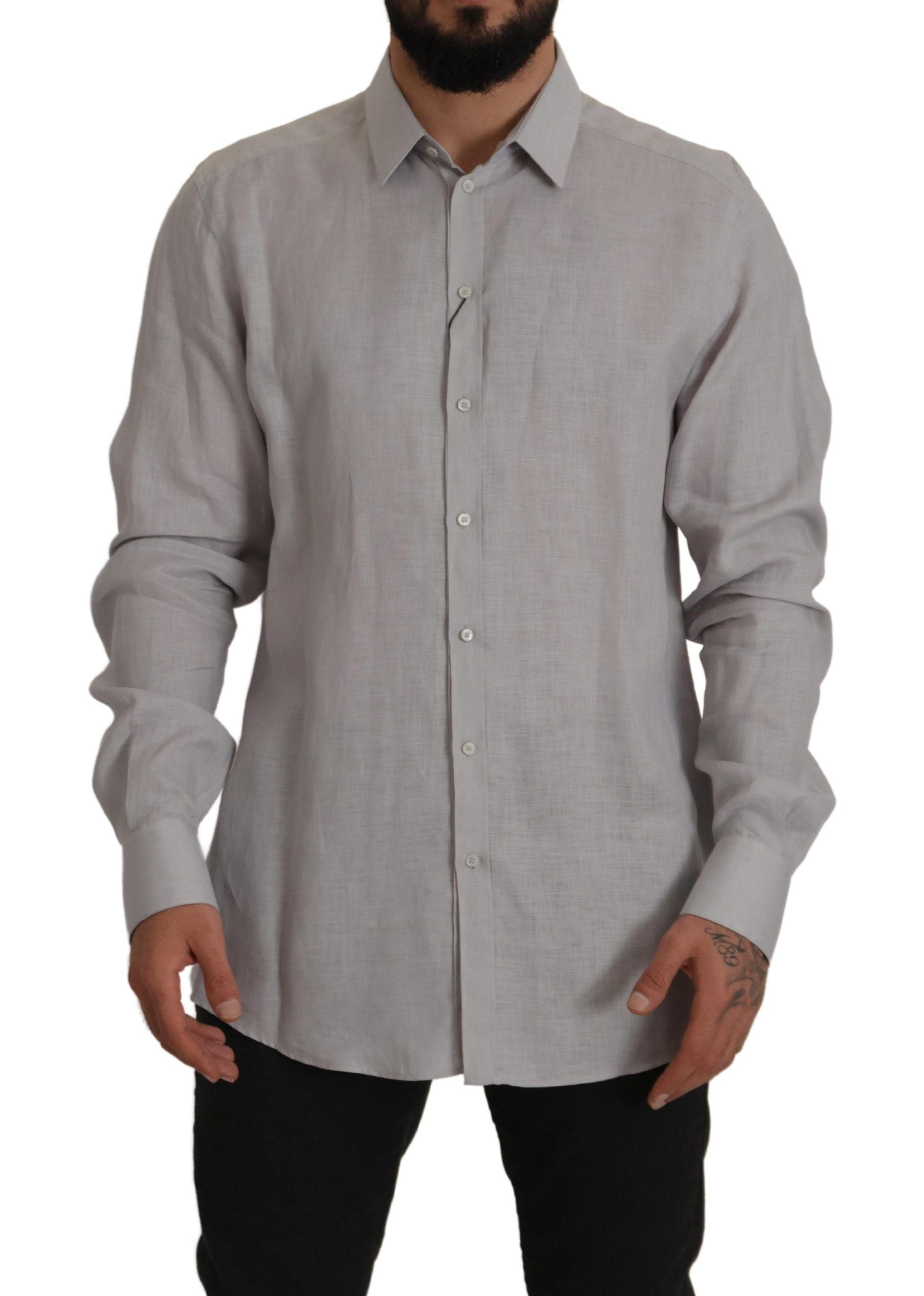 Dolce & Gabbana Gray Linen Long Sleeves Formal GOLD Men's Shirt