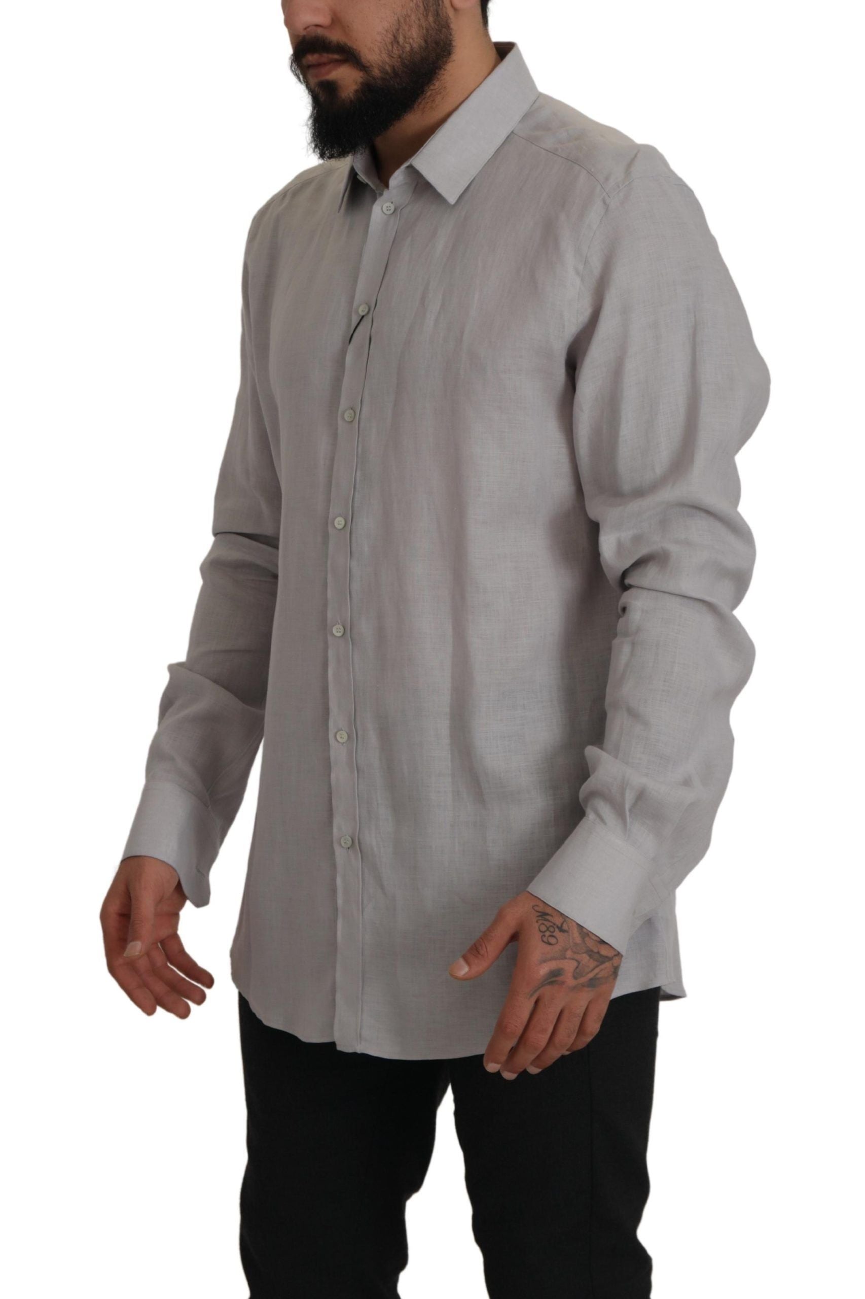 Dolce & Gabbana Gray Linen Long Sleeves Formal GOLD Men's Shirt