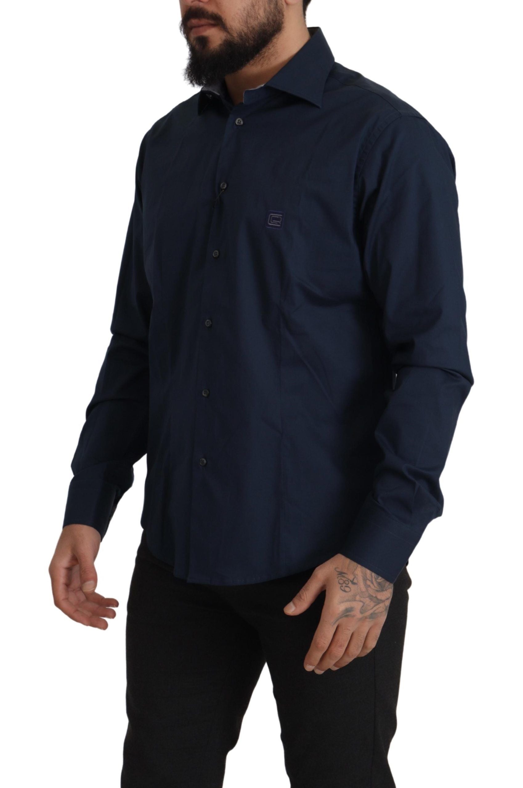 Roberto Cavalli Navy Blue Cotton Dress Formal Men's Shirt