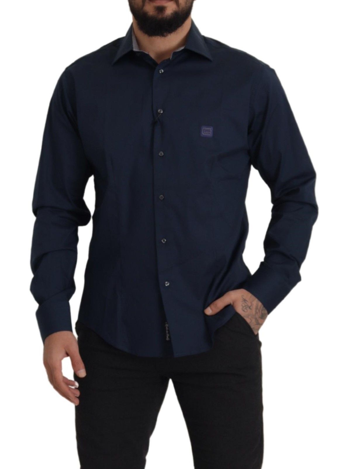 Roberto Cavalli Navy Blue Cotton Dress Formal Men's Shirt