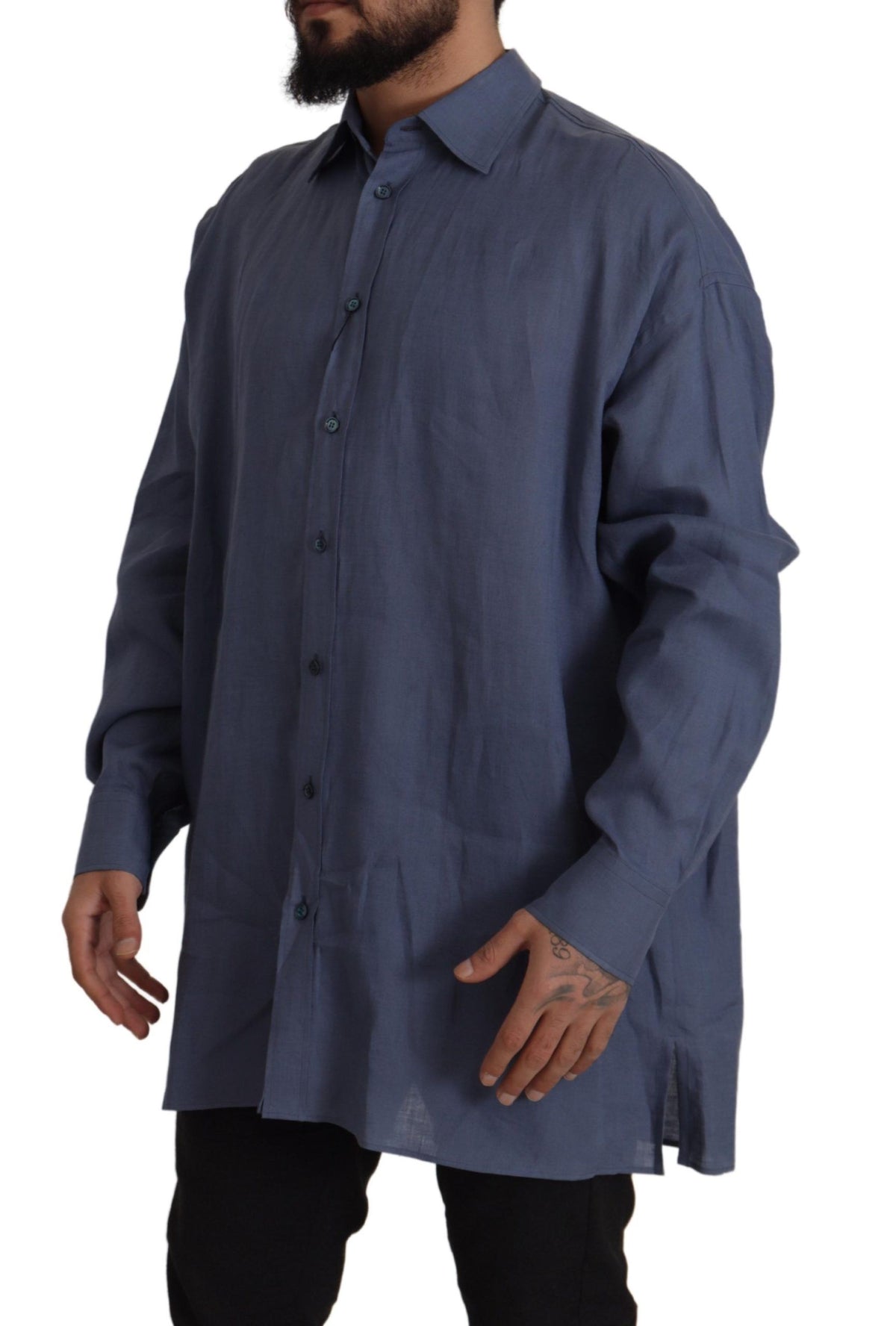 Dolce & Gabbana Dark Blue Linen Slim Fit Dress Formal Men Men's Shirt