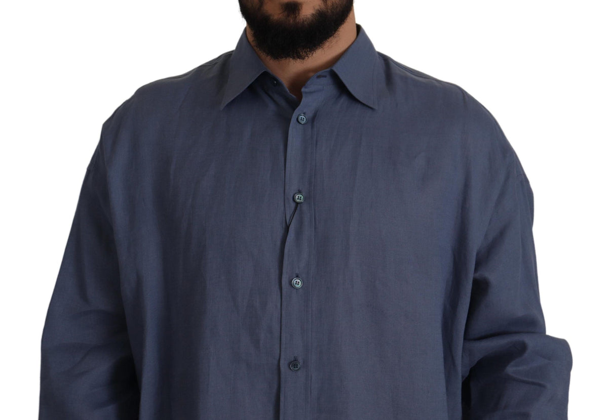 Dolce & Gabbana Dark Blue Linen Slim Fit Dress Formal Men Men's Shirt