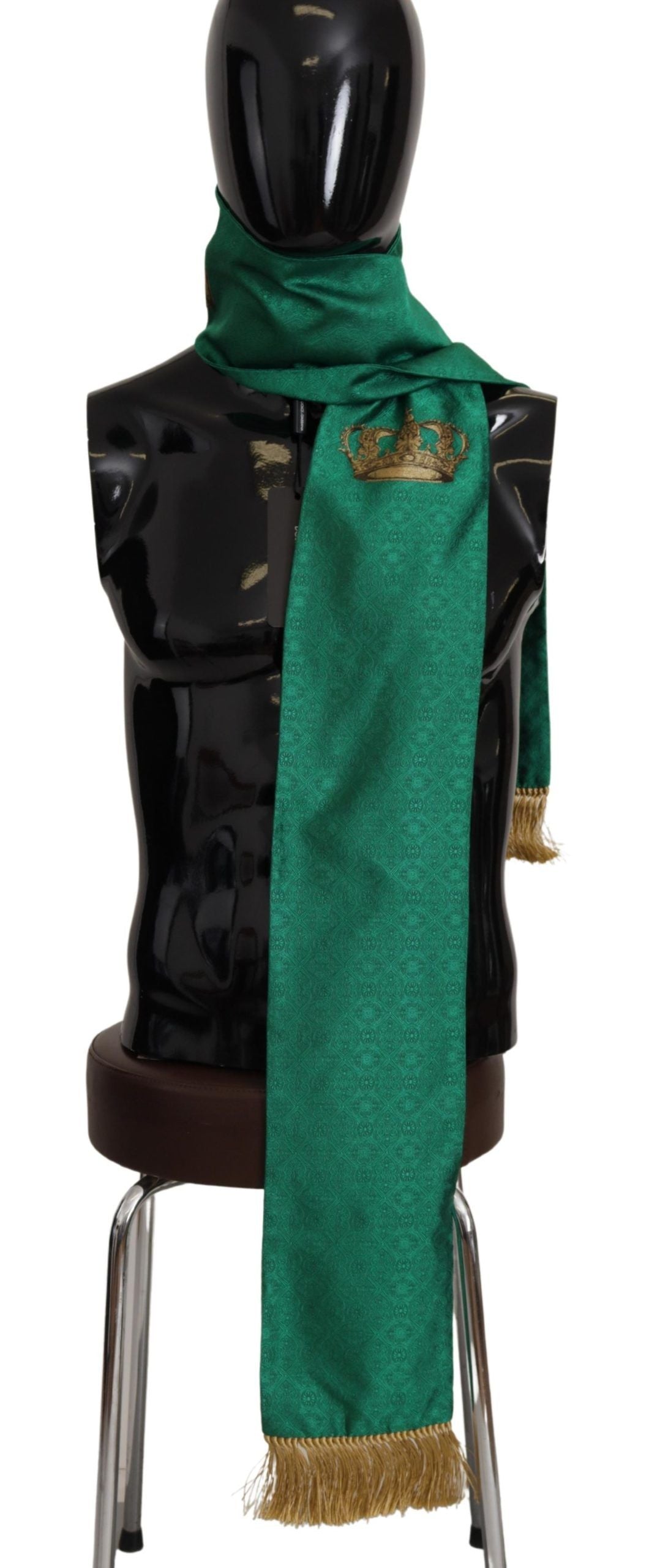 Dolce & Gabbana Green Crown Embroidered Shawl Fringe Blend Men's Silk
