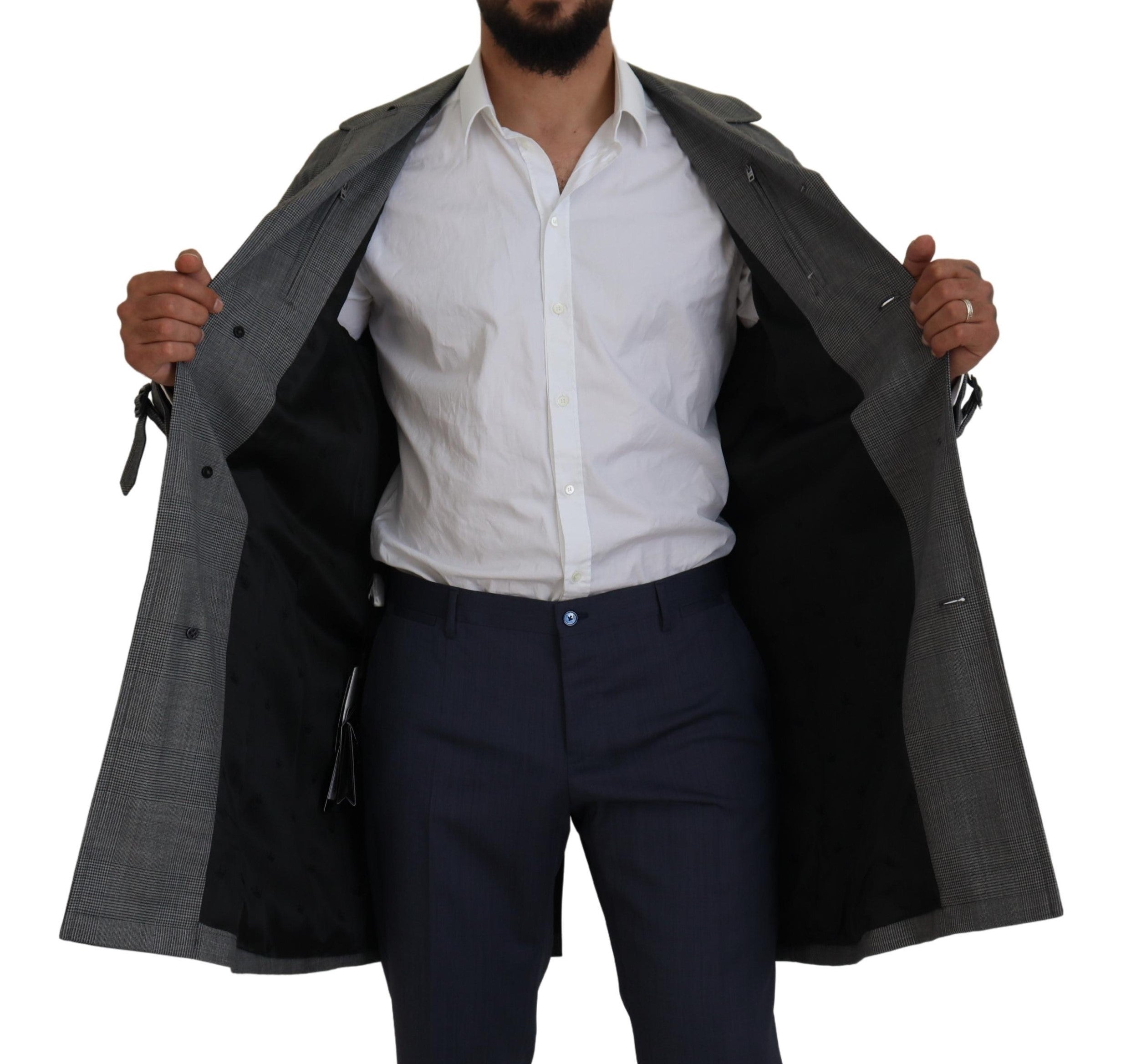 Dolce & Gabbana Gray Wool Plaid Long Trench Coat Men's Trench Coat Men's Jacket