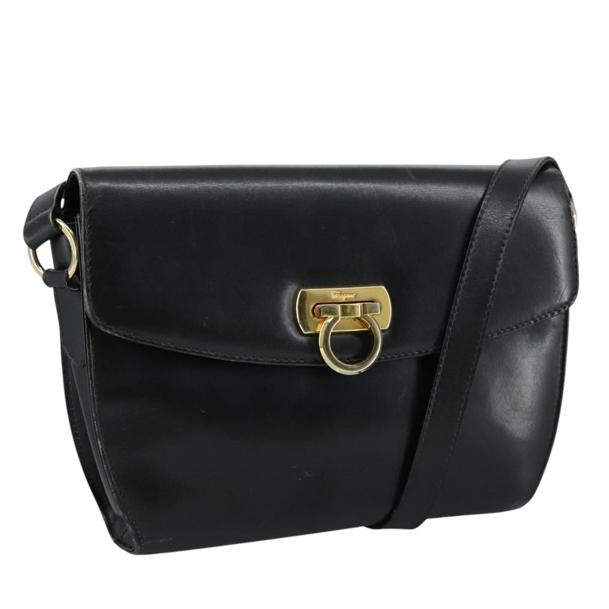Salvatore Ferragamo Gancini Flap Leather Black Leather Shoulder Bag Bag (Pre-Owned)