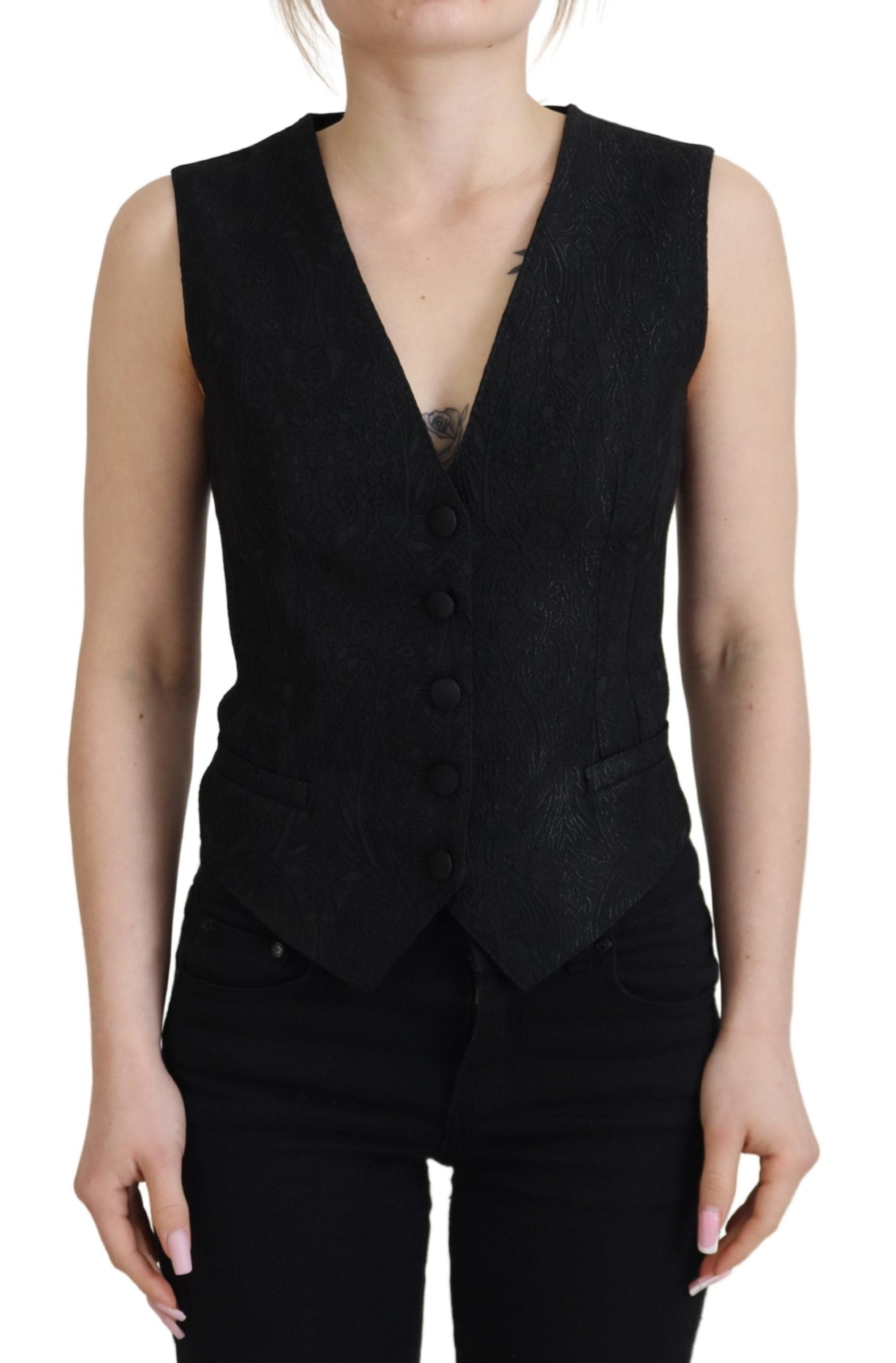 Dolce & Gabbana Black Brocade Button Down Sleeveless Vest Women's Top