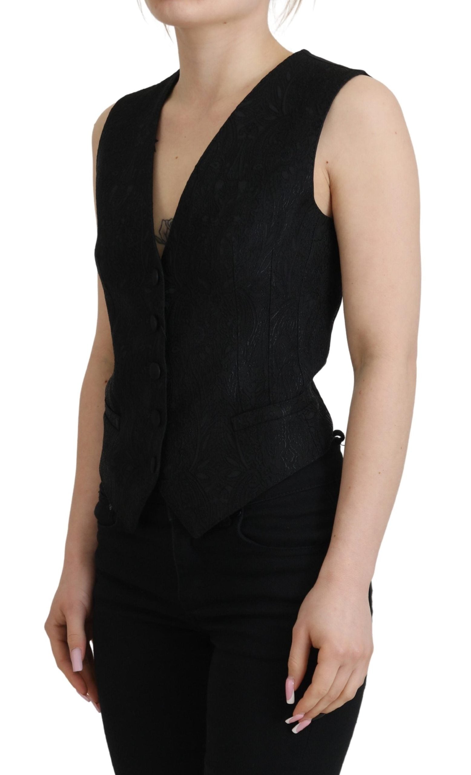 Dolce & Gabbana Black Brocade Button Down Sleeveless Vest Women's Top