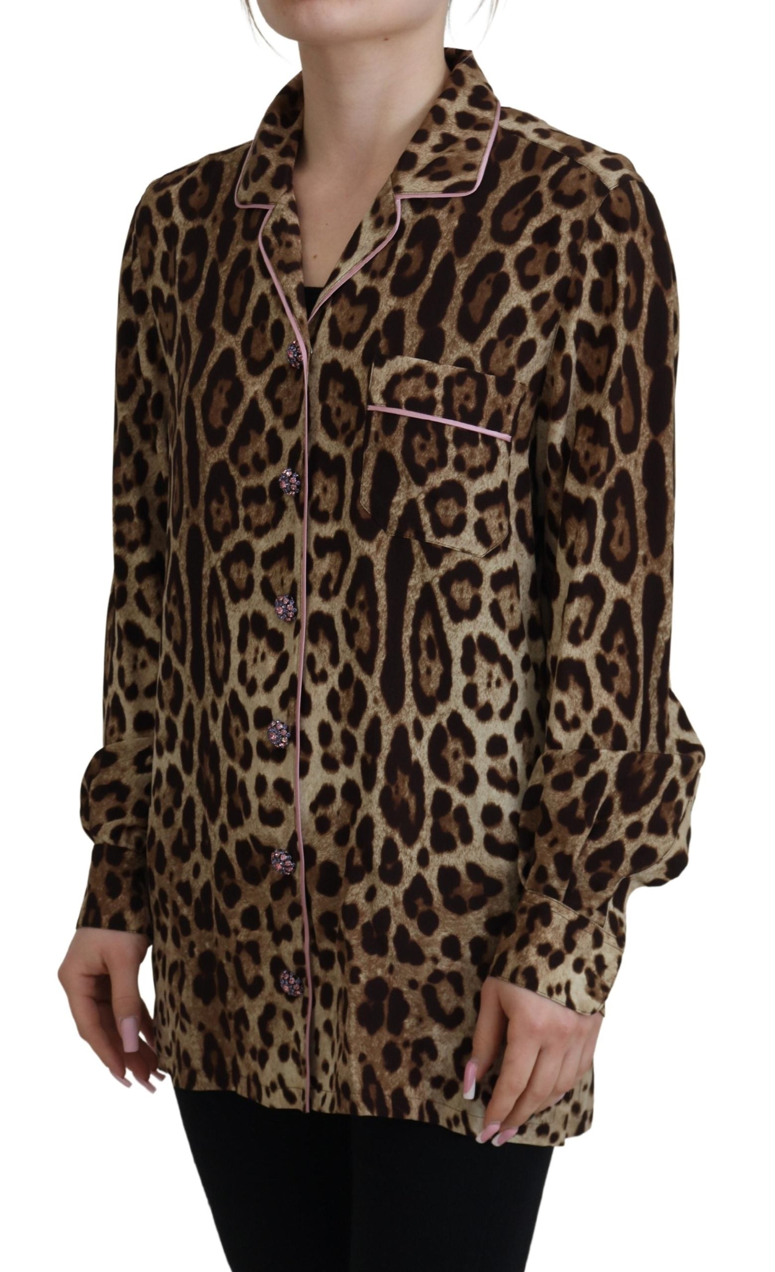 Dolce & Gabbana Brown Leopard Print Long Sleeves Blouse Women's Top