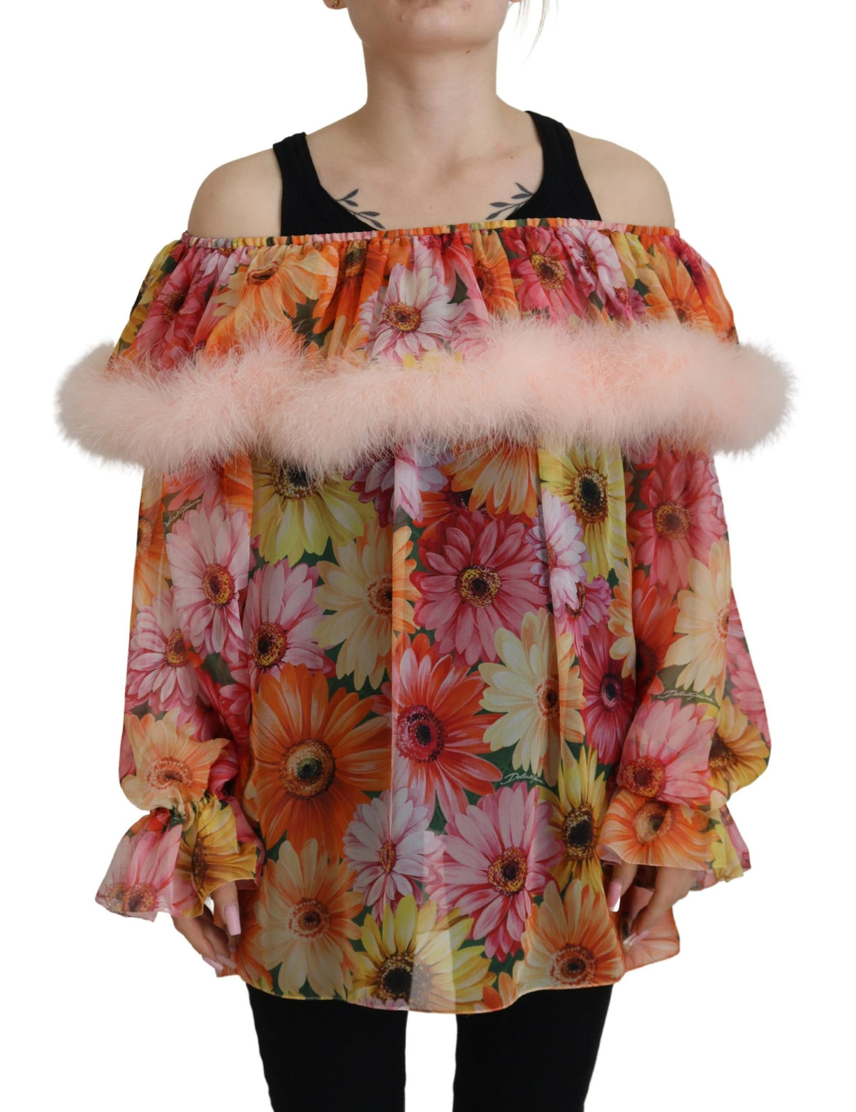 Dolce & Gabbana Multicolor Floral Fur Shearling Blouse Women's Top