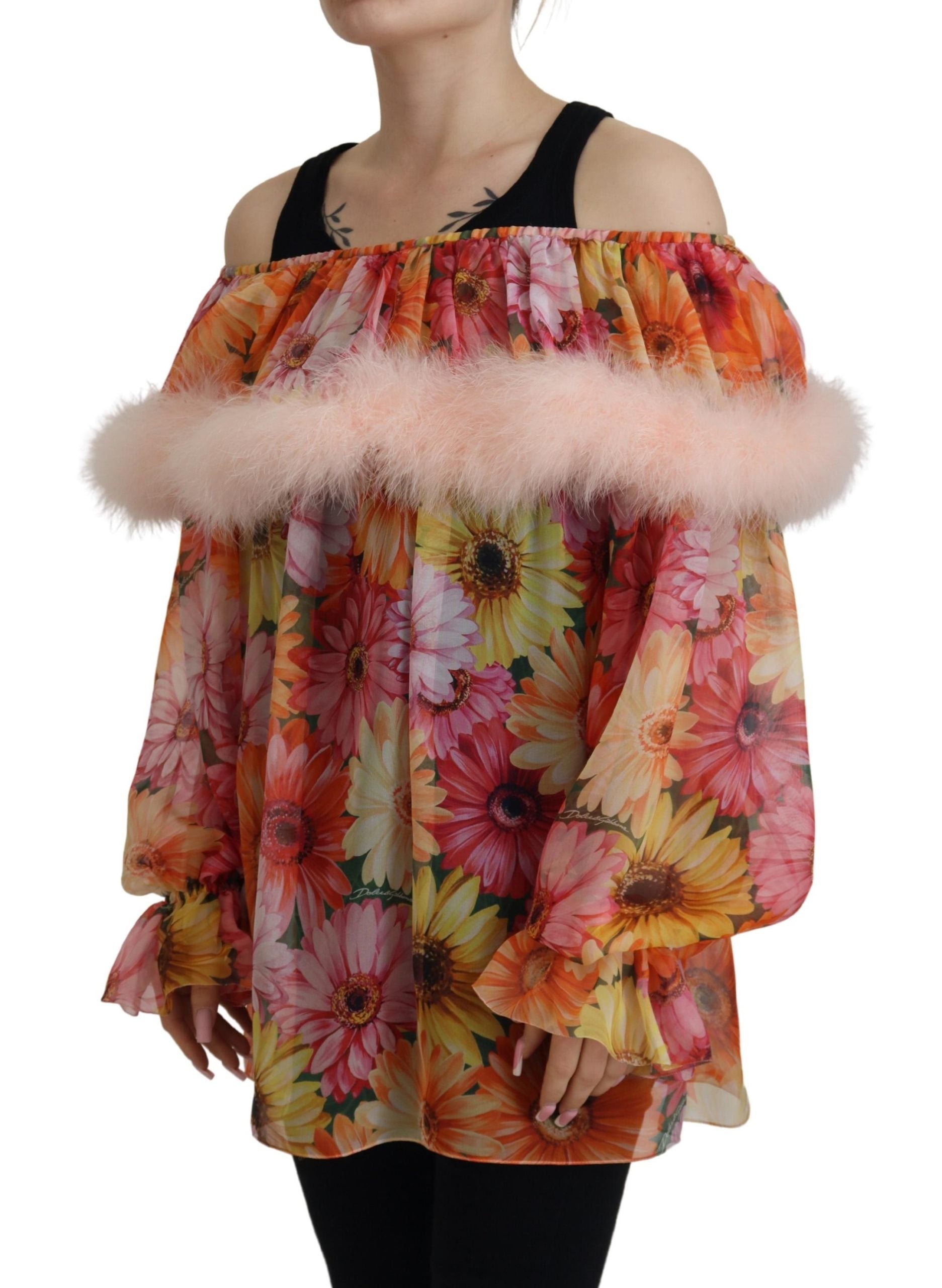 Dolce & Gabbana Multicolor Floral Fur Shearling Blouse Women's Top