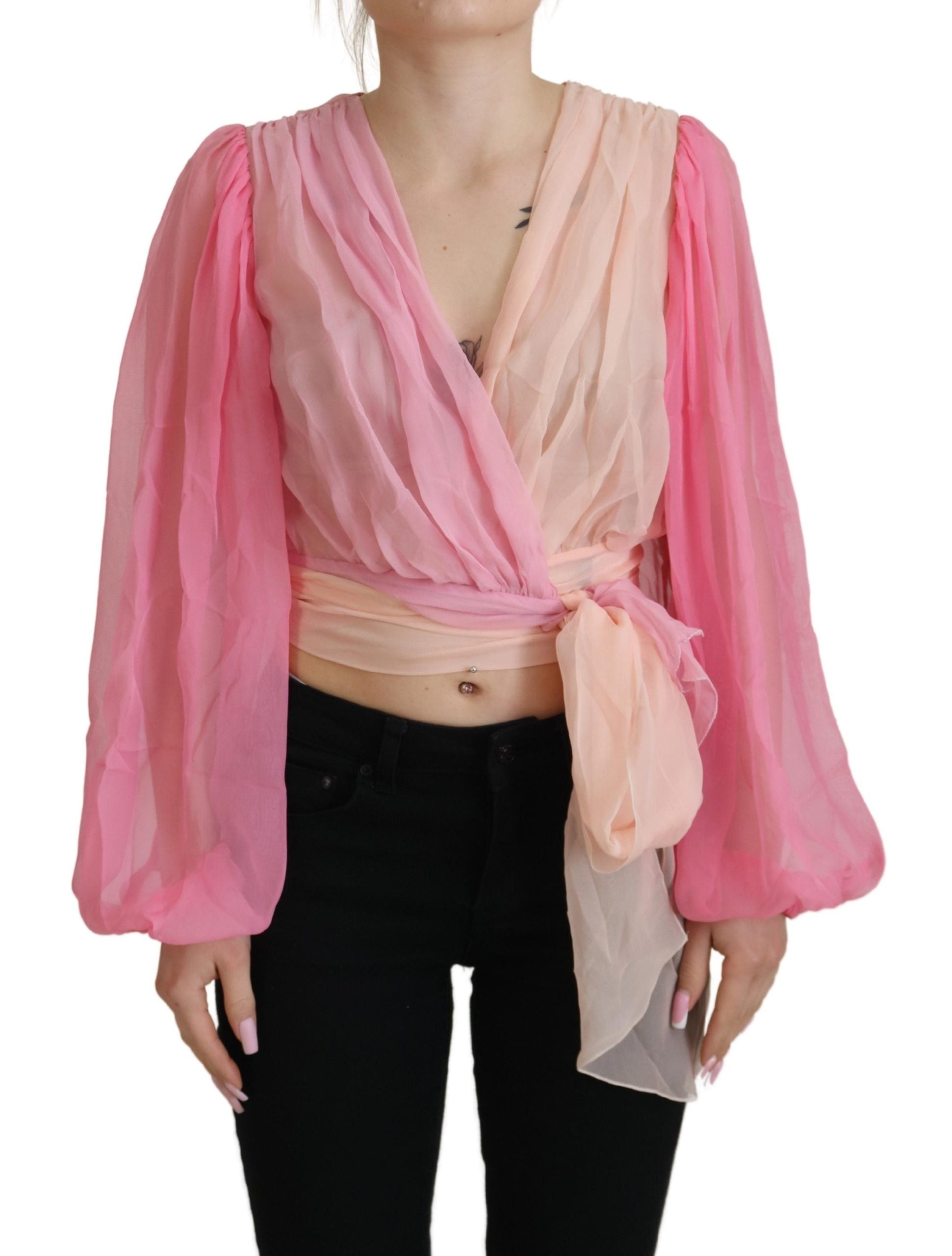 Dolce & Gabbana Pink Silk Wrap Long Sleeves Blouse Women's Top