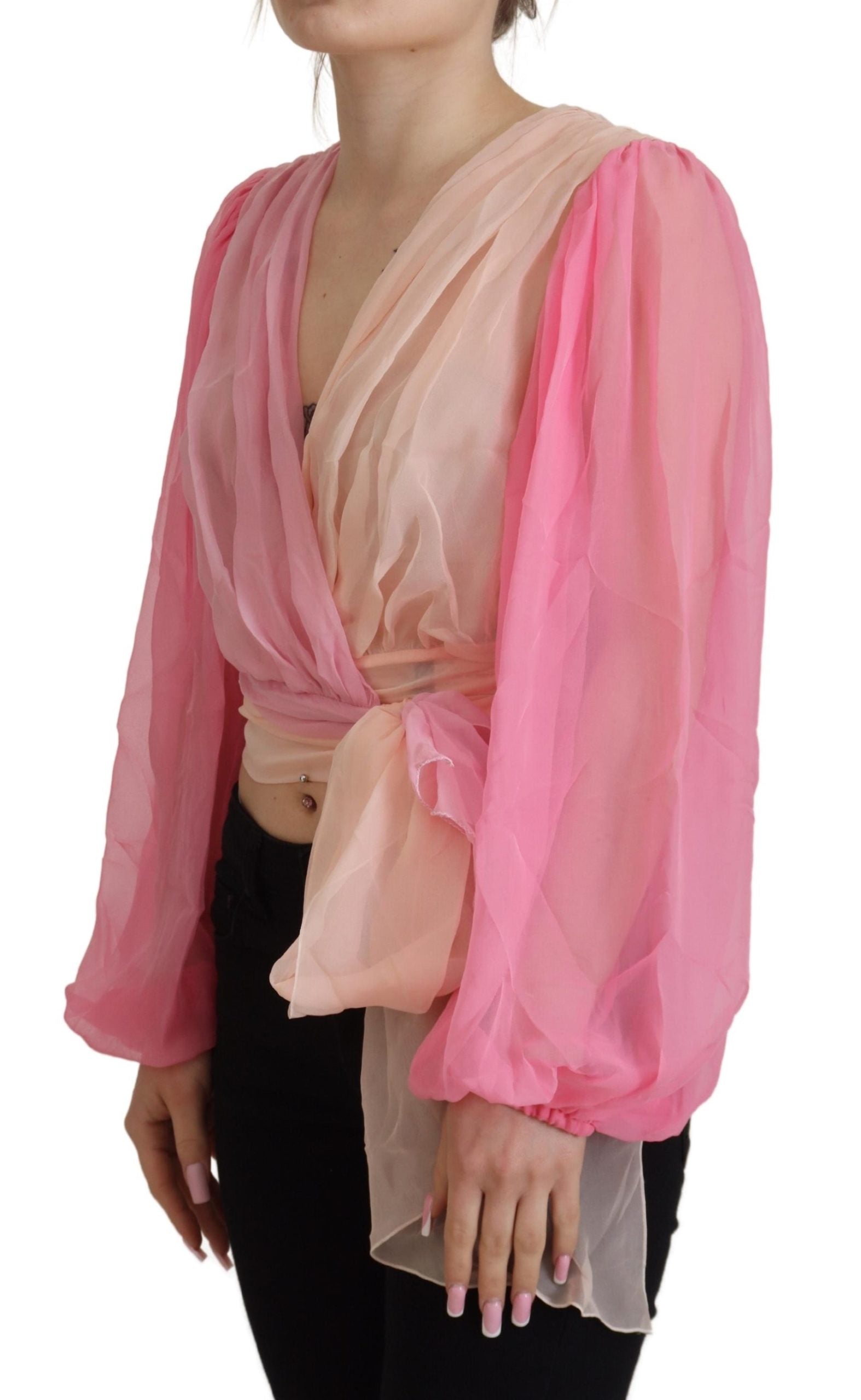 Dolce & Gabbana Pink Silk Wrap Long Sleeves Blouse Women's Top