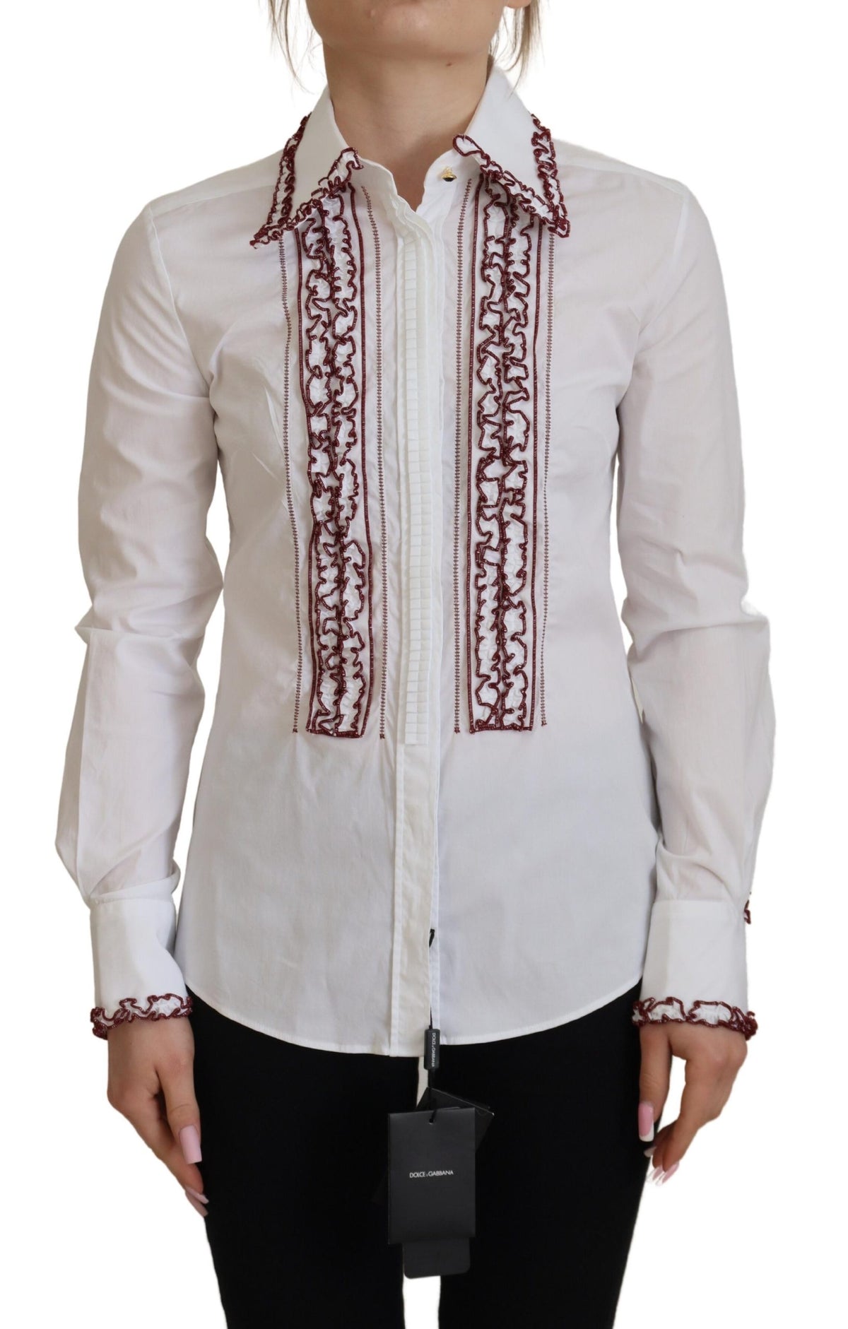 Dolce & Gabbana White Lace Long Sleeves Ruffle Collar Women's Top