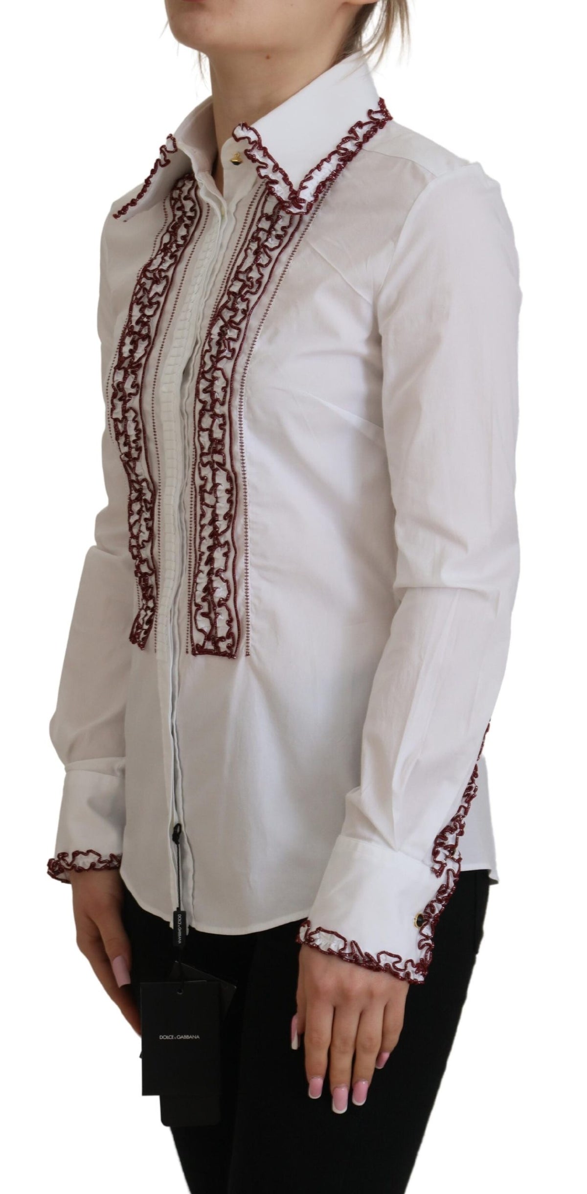 Dolce & Gabbana White Lace Long Sleeves Ruffle Collar Women's Top