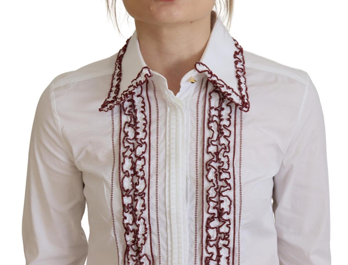 Dolce & Gabbana White Lace Long Sleeves Ruffle Collar Women's Top
