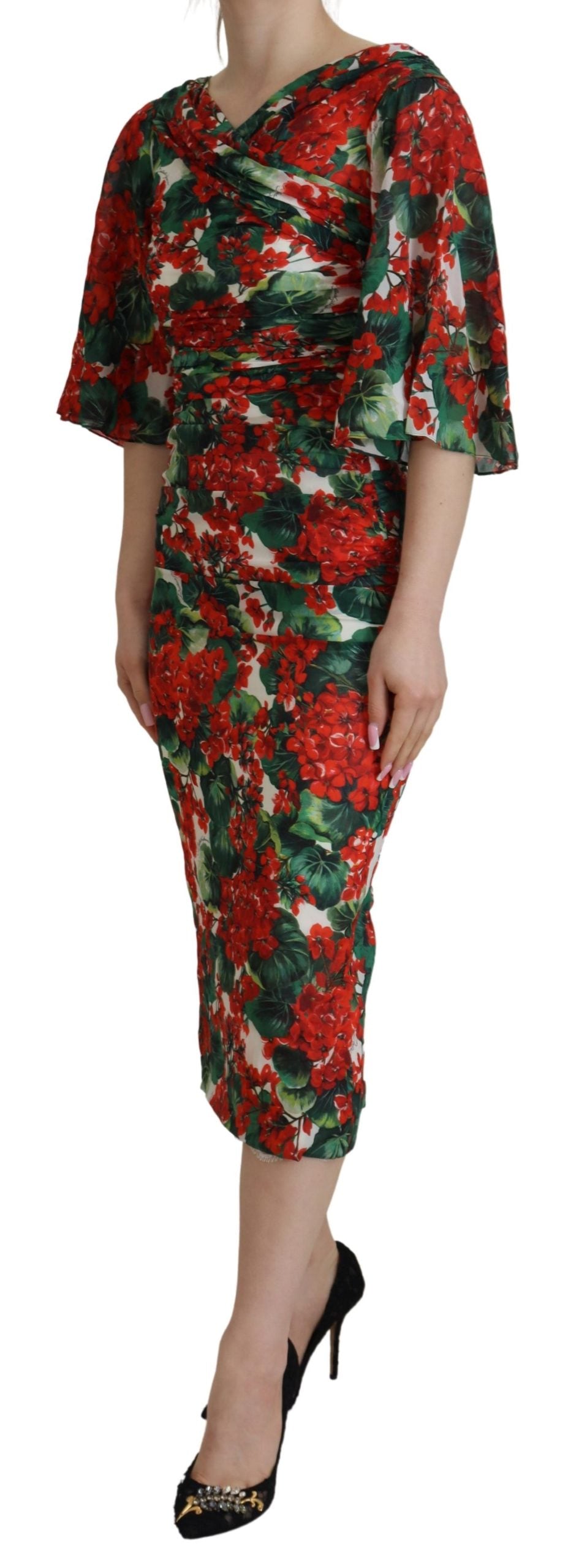 Dolce & Gabbana Multicolor Geranium Silk Sheath Midi Women's Dress