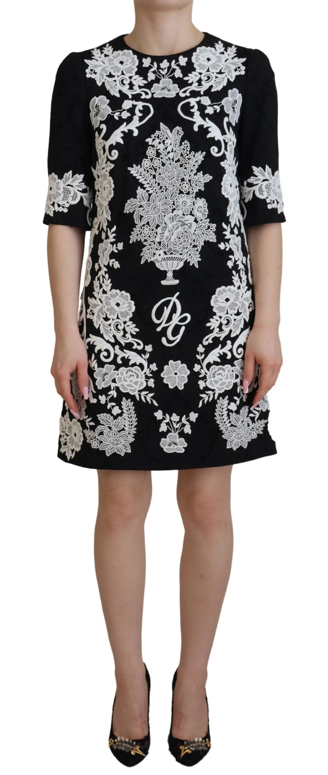 Dolce & Gabbana Black Lace Trim Half Sleeves A-line Women's Dress