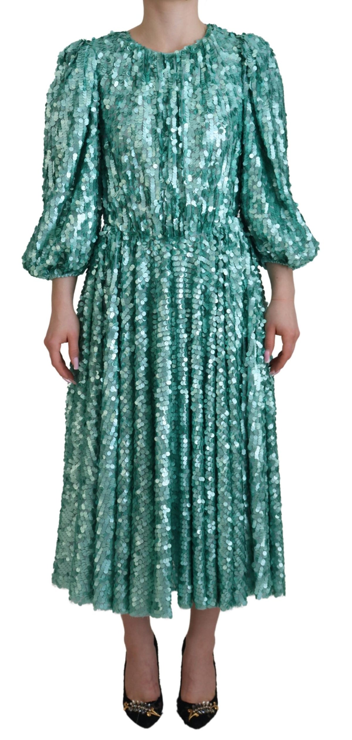 Dolce & Gabbana Blue Sequined Pleated Aline Midi Nylon Women's Dress