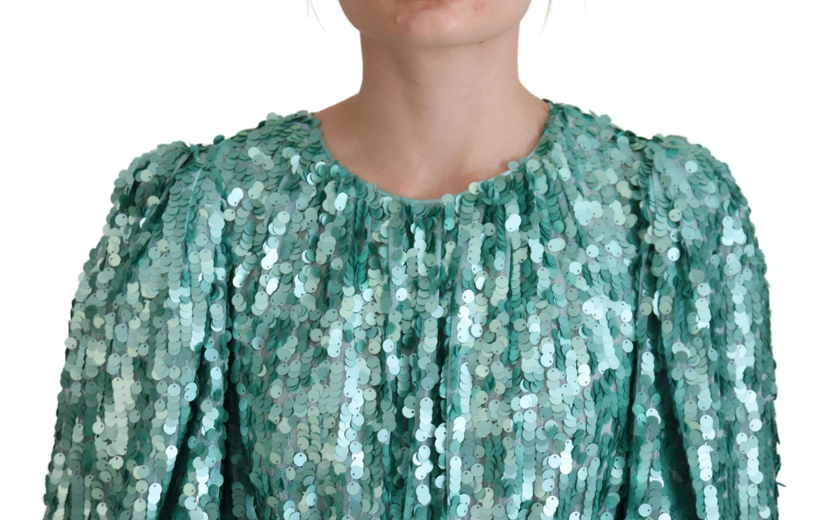 Dolce & Gabbana Blue Sequined Pleated Aline Midi Nylon Women's Dress