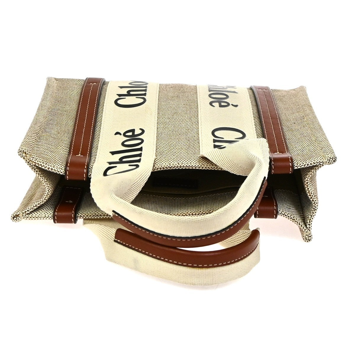 Chloe Woody Canvas With Leather Beige Canvas Tote Bag Bag (Pre-Owned)