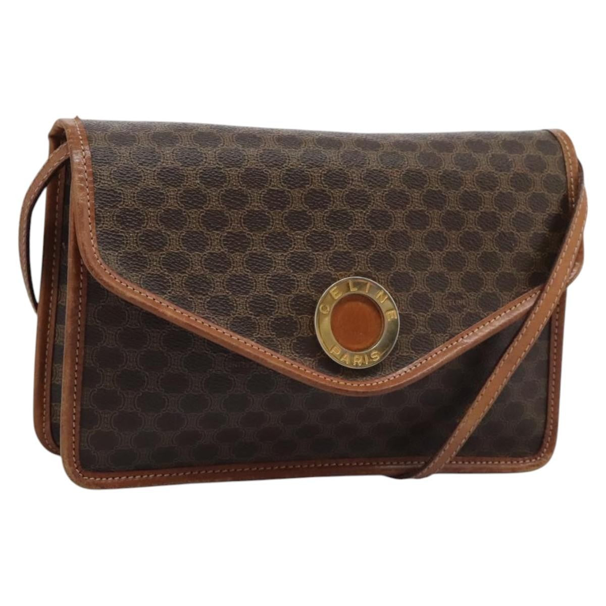 Celine Vintage Macadam Circle Logo Canvas And Leather Brown Canvas Shoulder Bag Bag (Pre-Owned)